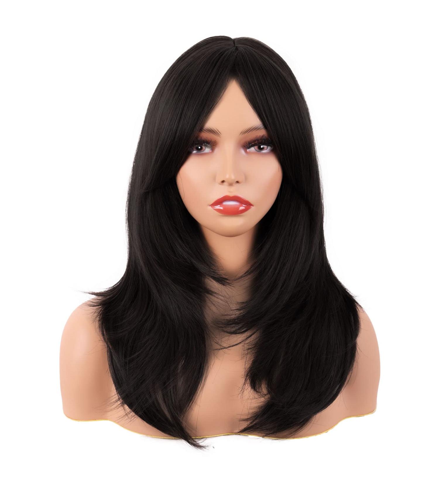 MapofBeauty 20 Inch Long Layered Straight Synthetic Shoulder Length Wig with Bangs - Black - Buy Online on SooperMarket.com