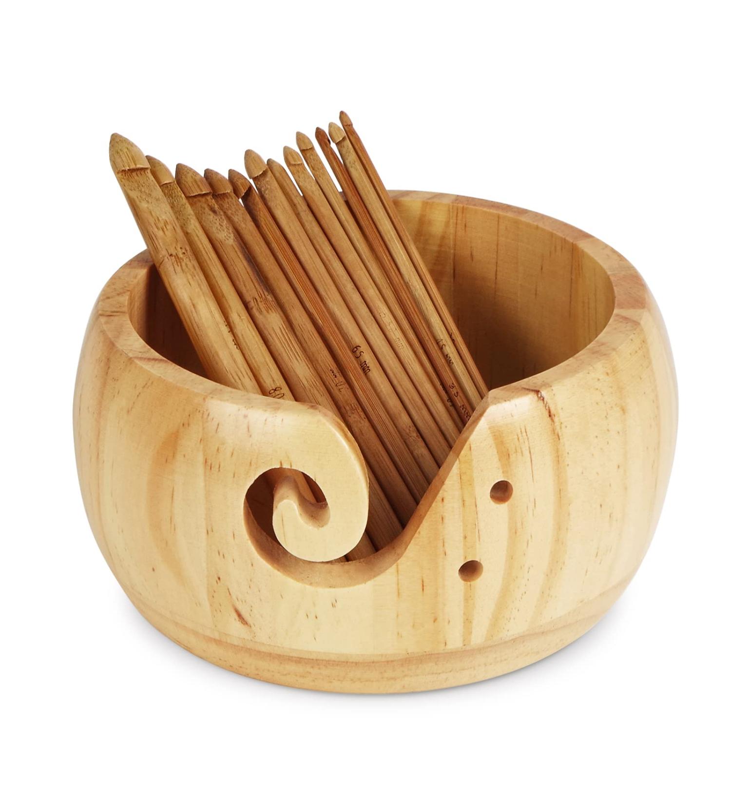 UNAYMIDY Wooden Yarn Bowl with 12 Crochet Hooks - Large 6.7 Brown Knitting Holder Dispenser for Crocheting - Buy Online on SooperMarket.com
