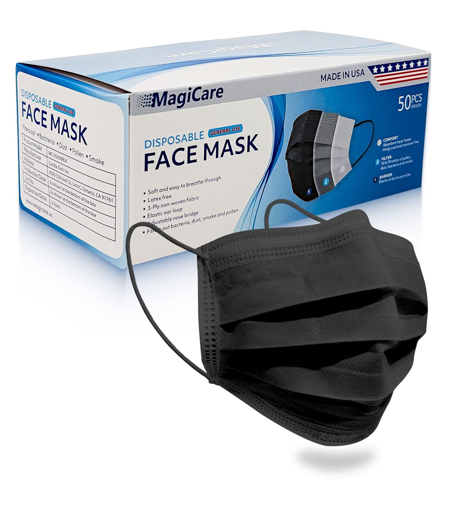 MagiCare Black Disposable Face Masks Made in USA - 50ct Box | Premium 3 Ply for Adults - Soft, Breathable & Comfortable - Buy Online on SooperMarket.com