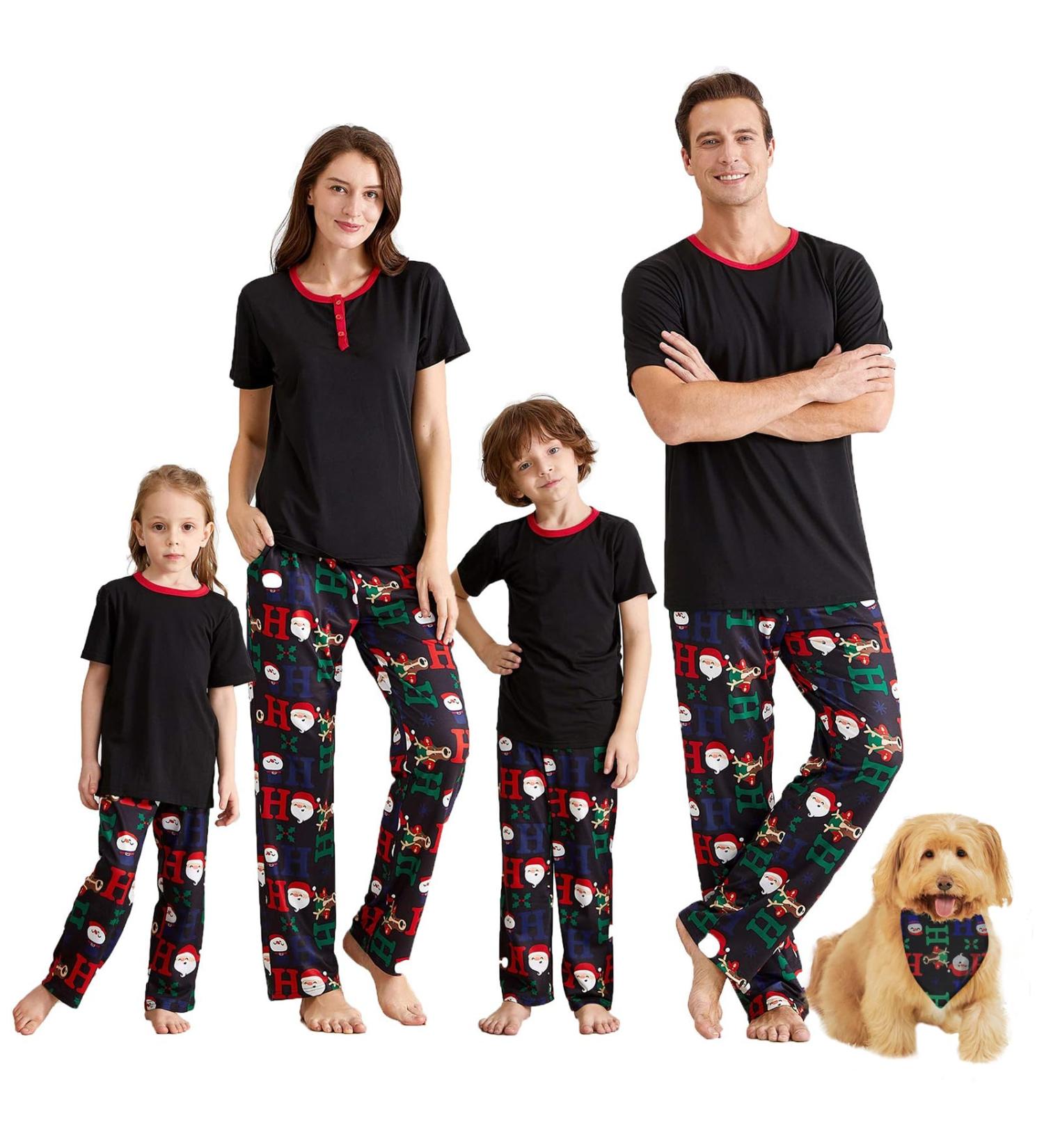 IFFEI Christmas Matching Family Pajamas Set - Letter Print Tops, Plaid Pants Sleepwear for Women Men Kids Baby Pet - Black/Santa Claus - Kids 4-5 Years - Buy Online on SooperMarket.com