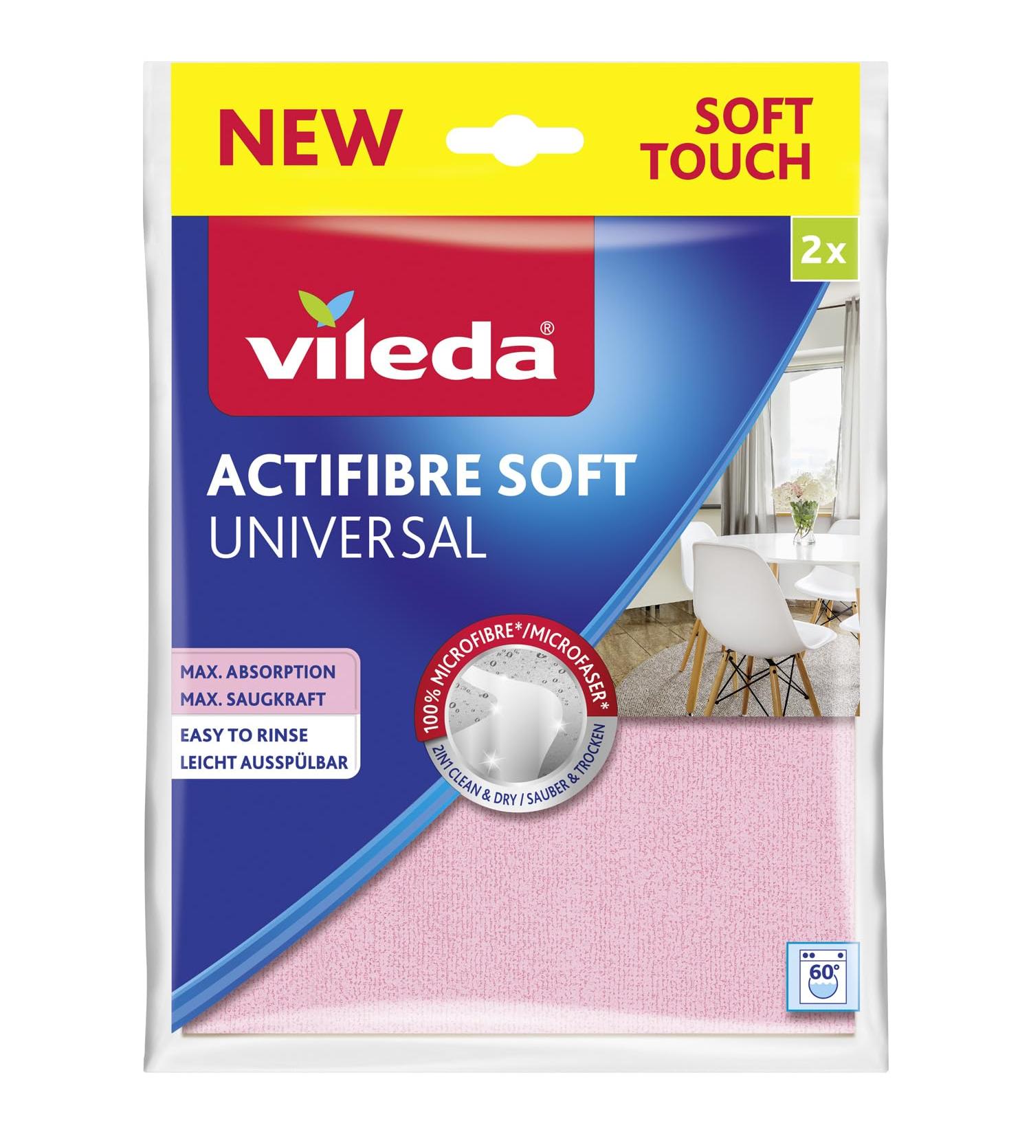 Vileda Actifibre Soft Universal Microfibre Cloth 100% Microfibre Cleaning Cloth for Streak Free Results High Absorbency for All Smooth Surfaces Pink and Grey Pack of 2 Actifibre Soft Touch - new design - Buy Online on SooperMarket.com