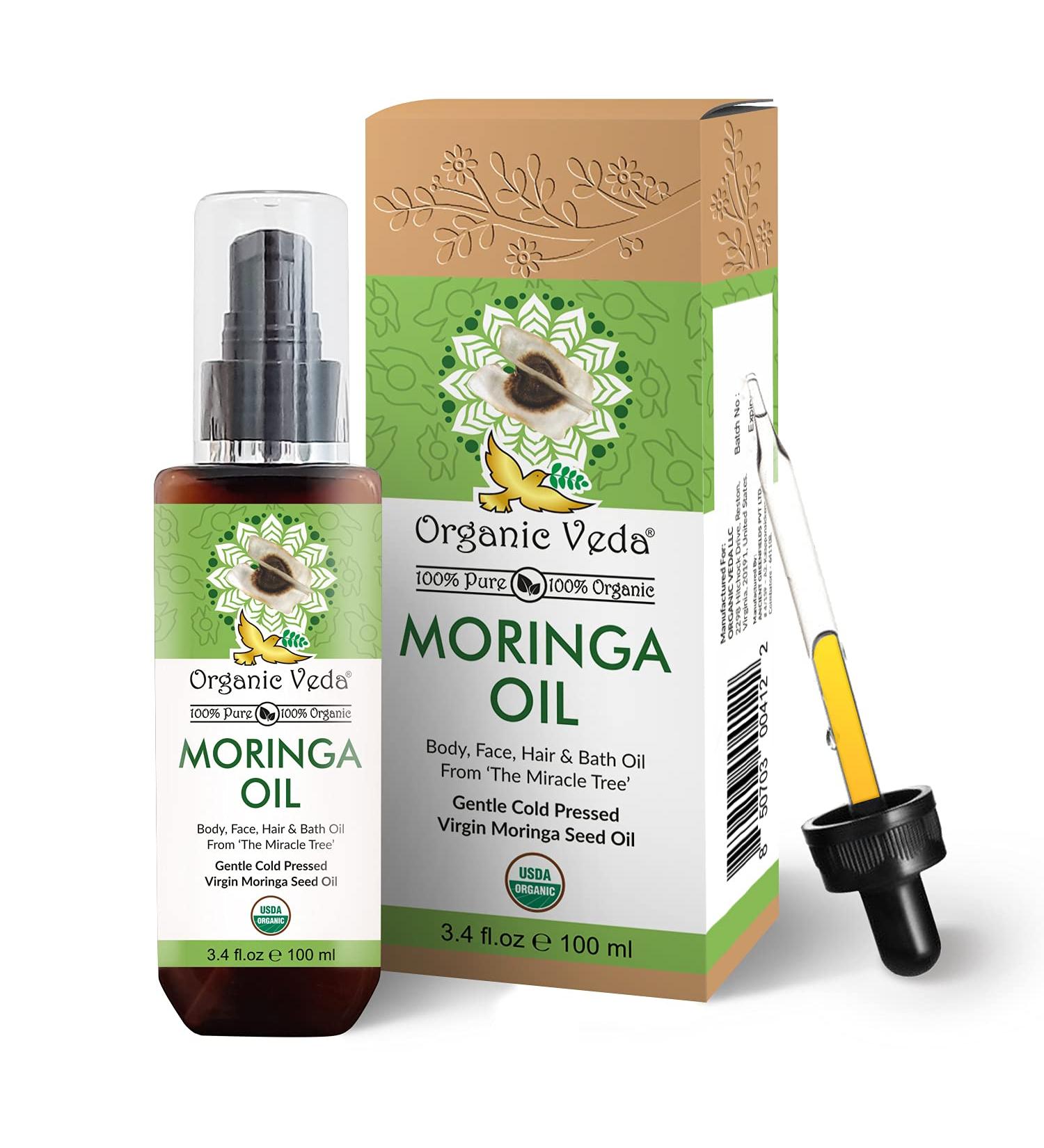 Organic Veda Moringa Oil 3.4 fl. oz - USDA Organic Cold-Pressed Edible Grade Virgin Oil for Face, Skin, Hair, Nails, Foot & Body - Buy Online on SooperMarket.com
