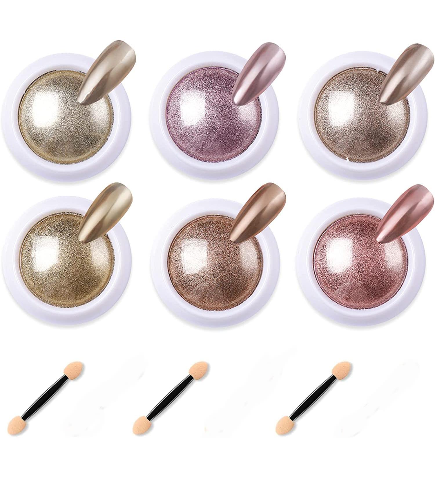 6 Box Rose Gold Chrome Nail Powder Set with Glitter, Metallic Finish for DIY Nail Art - Includes 6 Eyeshadow Sticks - Buy Online on SooperMarket.com