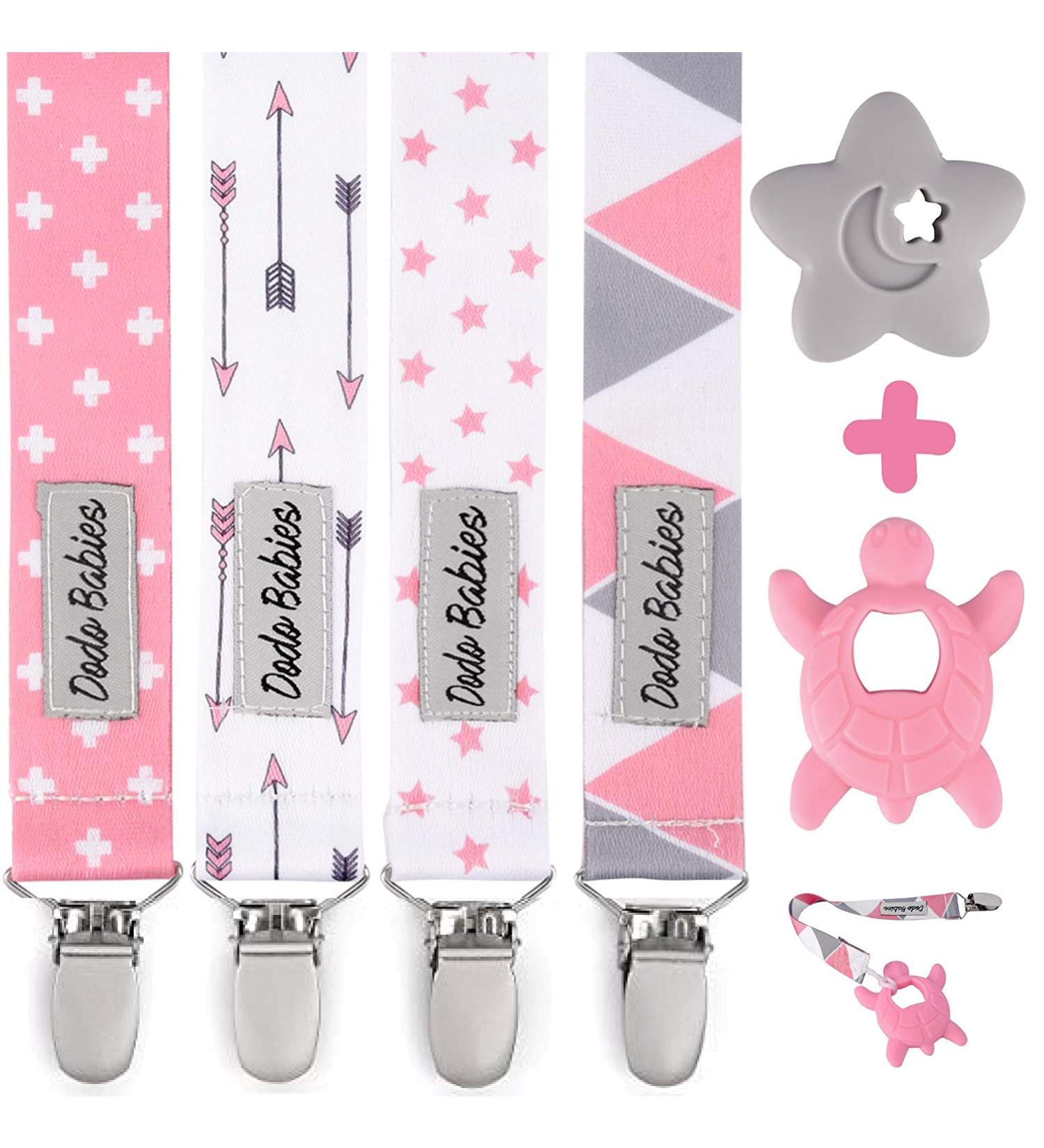 Dodo Babies Pacifier Clip & Teether Toy Set - 4 Clips + 2 Silicone Teethers - Universal Holder - Pink/Grey Prints - Boys/Girls - Buy Online on SooperMarket.com