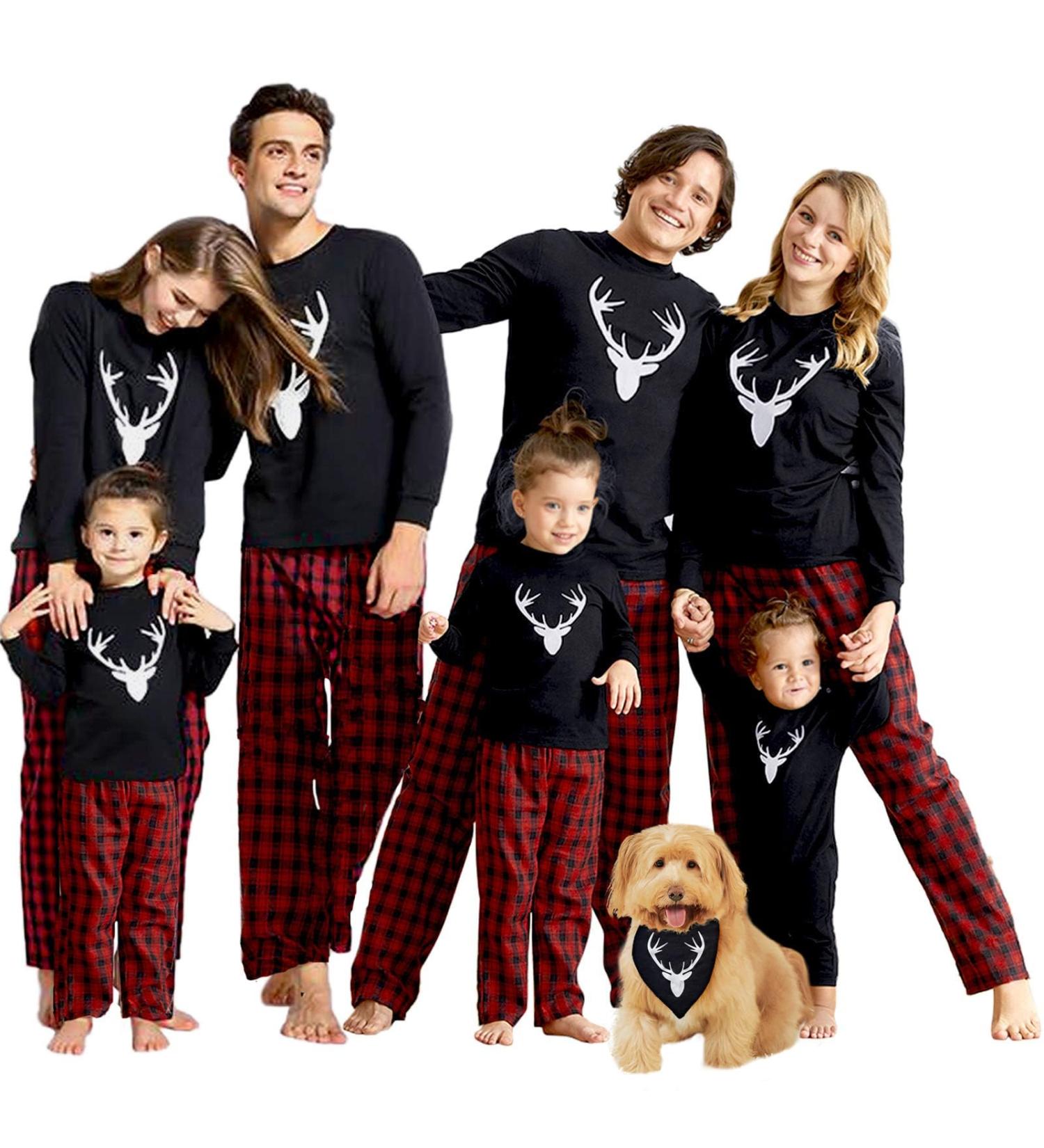 IFFEI Christmas Pyjamas Matching Family Pajamas Set | Xmas Letter Print Tops and Plaid Pants | Women Men Kids Baby Pet | Black/Deer | Kids 4-5 Years - Buy Online on SooperMarket.com