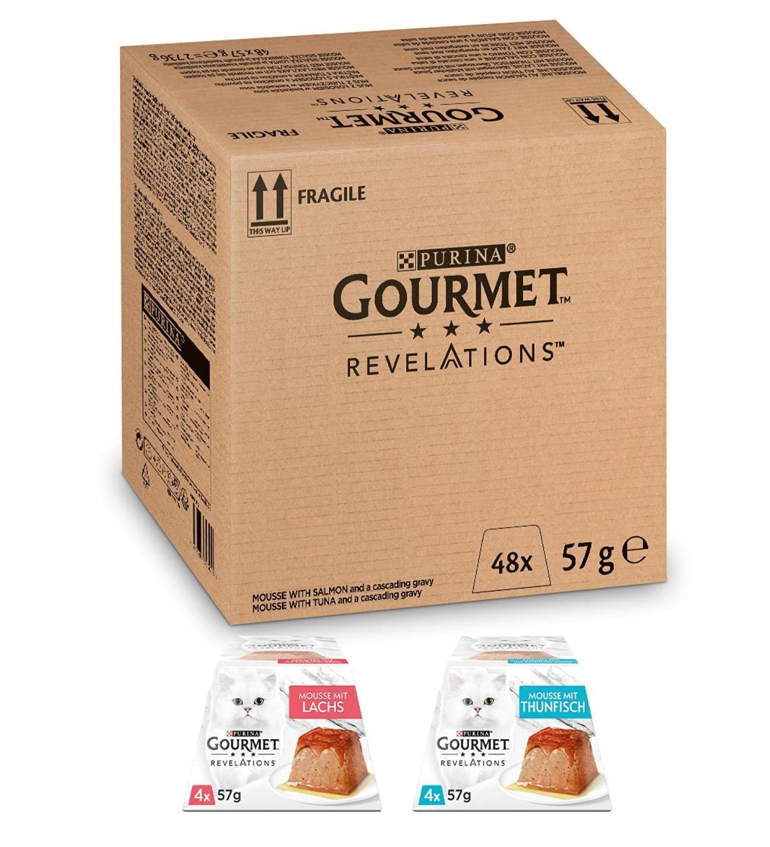 Buy Purina Gourmet Revelations Mousse Cat Food Salmon & Tuna in Sauce 48 Pack (57g Each) | International Shipping Available - Buy Online on SooperMarket.com