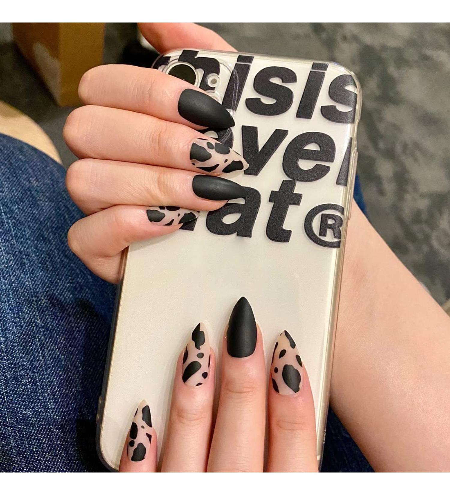 24Pcs Medium Tip Matte Black Frosting Leopard False Nails - Short Press Full Cover Fake Nails for Women and Girls - Buy Online on SooperMarket.com