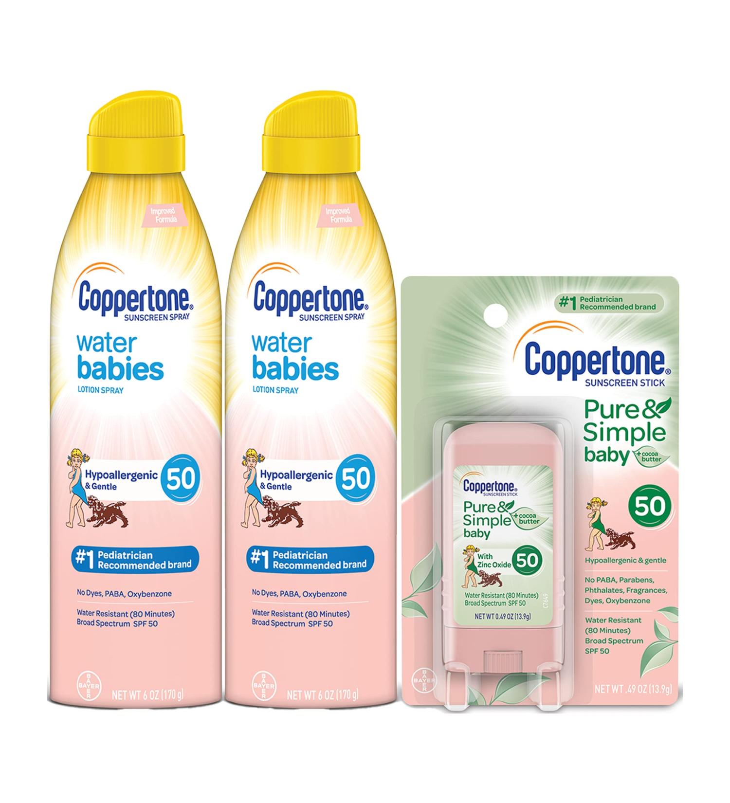 Coppertone WaterBabies SPF 50 Lotion Spray & Baby Mineral SPF 50 Stick Combo Pack - 2 Spray Bottles (6 oz) + 2 Stick (0.5 oz) | Sunscreen for Babies - Buy Online on SooperMarket.com