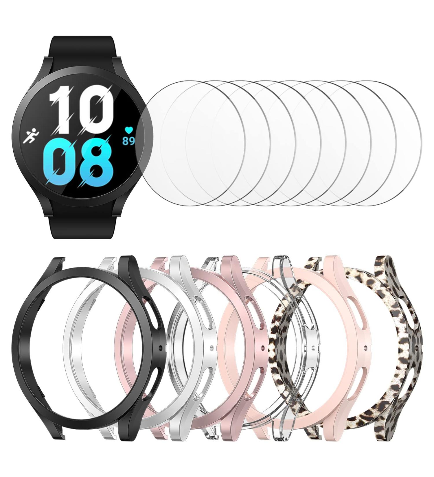 Samsung Galaxy Watch 5/4 40mm Screen Protector Case + Tempered Glass Film Set - 6 Pack Hard PC Cover + 8 Pack Protective Bumper Shell - Black, Silver, Pink, Clear, Rose Gold, Leopard - Buy Online on SooperMarket.com