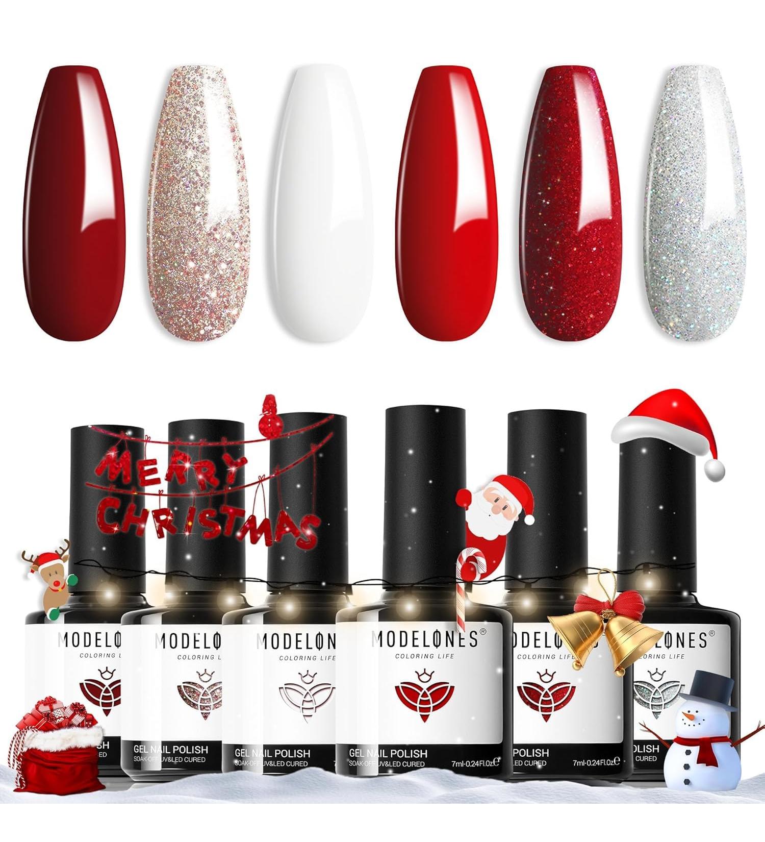 Modelones Gel Nail Polish 6 Colors White Glitter Winter Gel Nail Kit Sparkle Candy Cane Burgundy Dark Rose Champagne Silver Soak Off U V Gel Nail Art Manicure DIY Valentine s Day Gifts for Women Glitter Silver - Buy Online on SooperMarket.com
