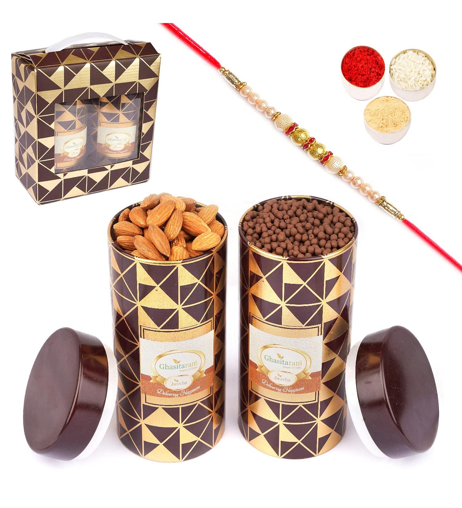 Jaiccha Ghasitaram Rakhi Gifts for Brothers Box 2 Tin Jars of Almonds and Choco Coated Rice Crispies with Pearl Rakhi Box 2 Tin Jars of Almonds & Rice Crispies & Rakhi - Buy Online on SooperMarket.com