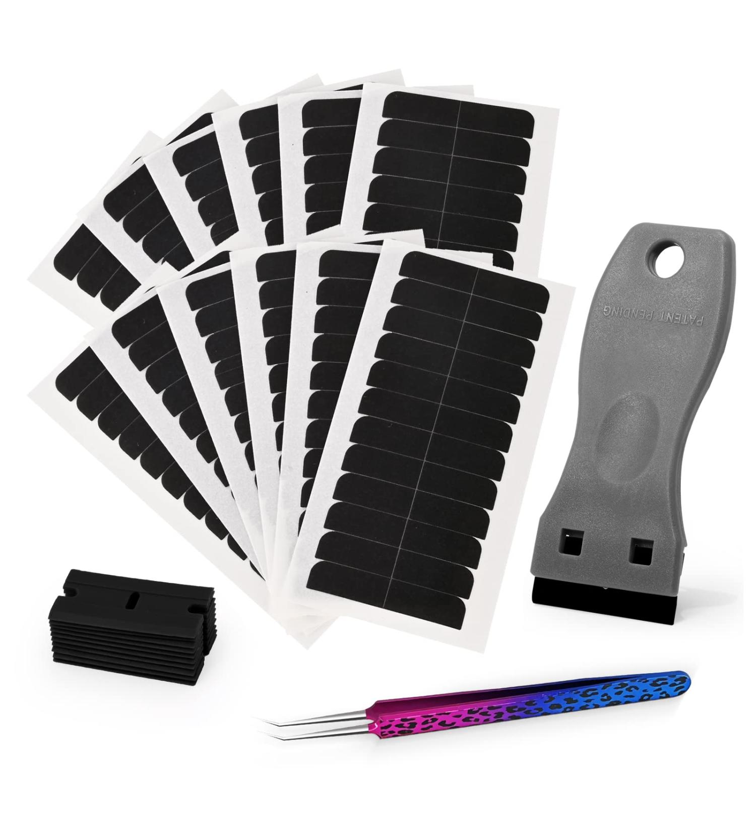 EHDIS Hair Extension Tape Set - 144pcs Pre-cut Double Sided Adhesive Tapes with Tweezers and Scraper for Lace Wig, Hairpiece, Toupee, Hair Weft - Easy Removal and Secure Attachment - Buy Online on SooperMarket.com