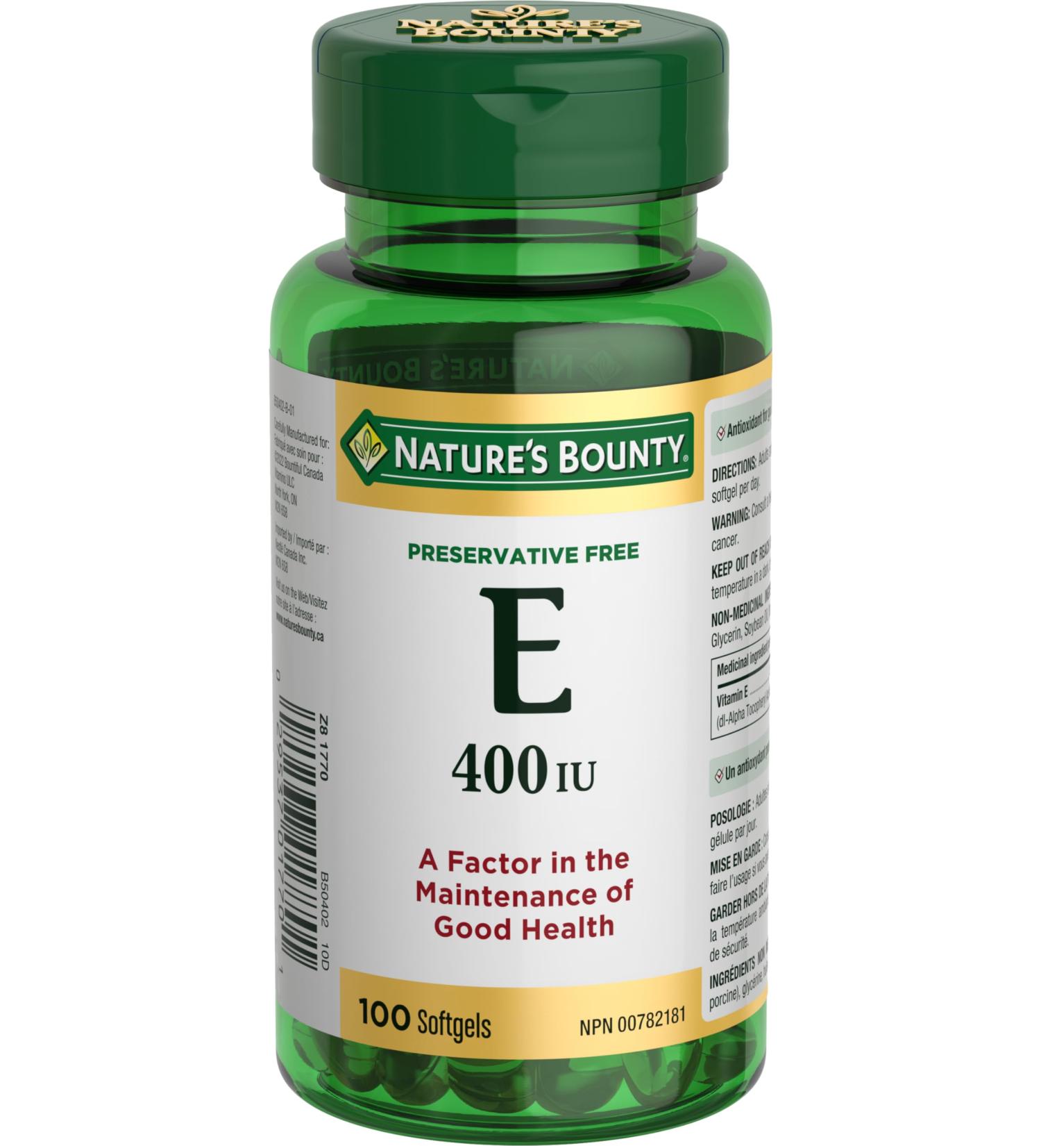 Nature's Bounty Vitamin E 400IU Pills and Supplement Helps Maintain Health 100 Softgels - Buy Online on SooperMarket.com