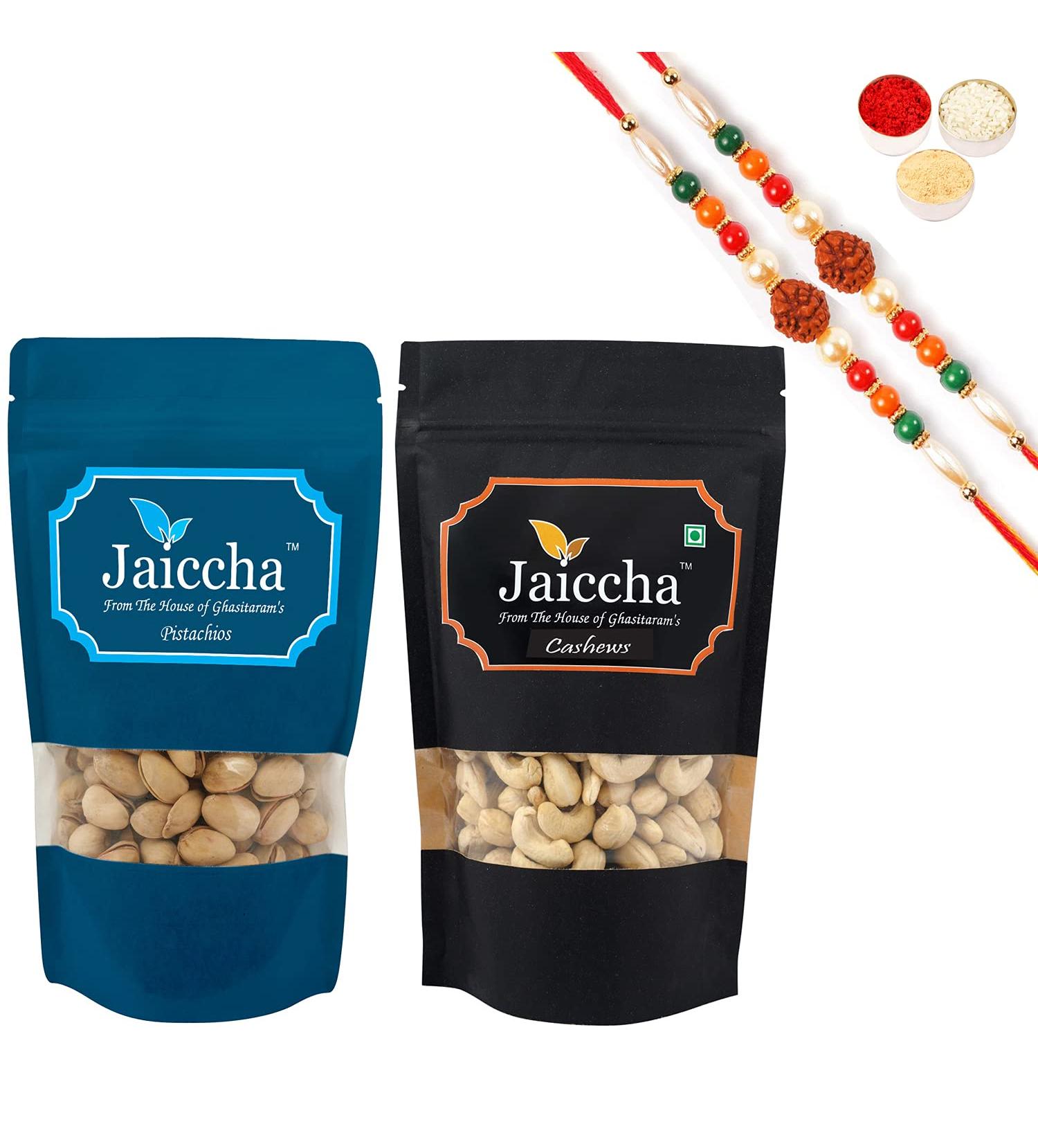 Jaiccha Ghasitaram Rakhi Gifts for Brothers Rakhi Dryfruits - Cashews 100 GMS and Pistachios 100 GMS Pouches with 2 Rudraksh Rakhis 200 gms - Buy Online on SooperMarket.com