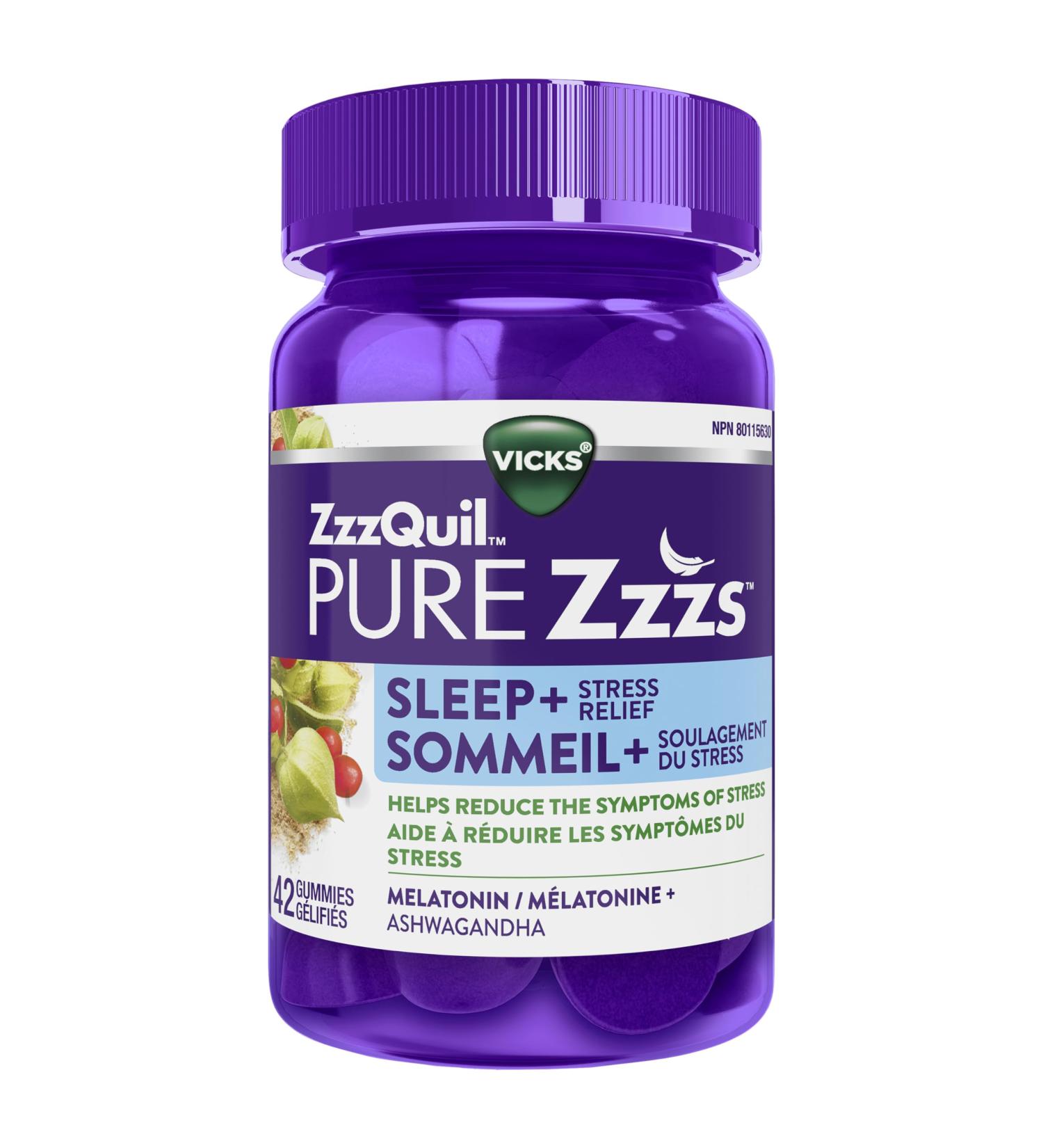 Vicks ZzzQuil PURE Zzzs Stress Relief Melatonin Sleep Aid Gummies for Adults Ashwagandha Helps Reduce the Symptoms of Stress 1 mg per gummy 42 Count 42ct Gummies - Buy Online on SooperMarket.com