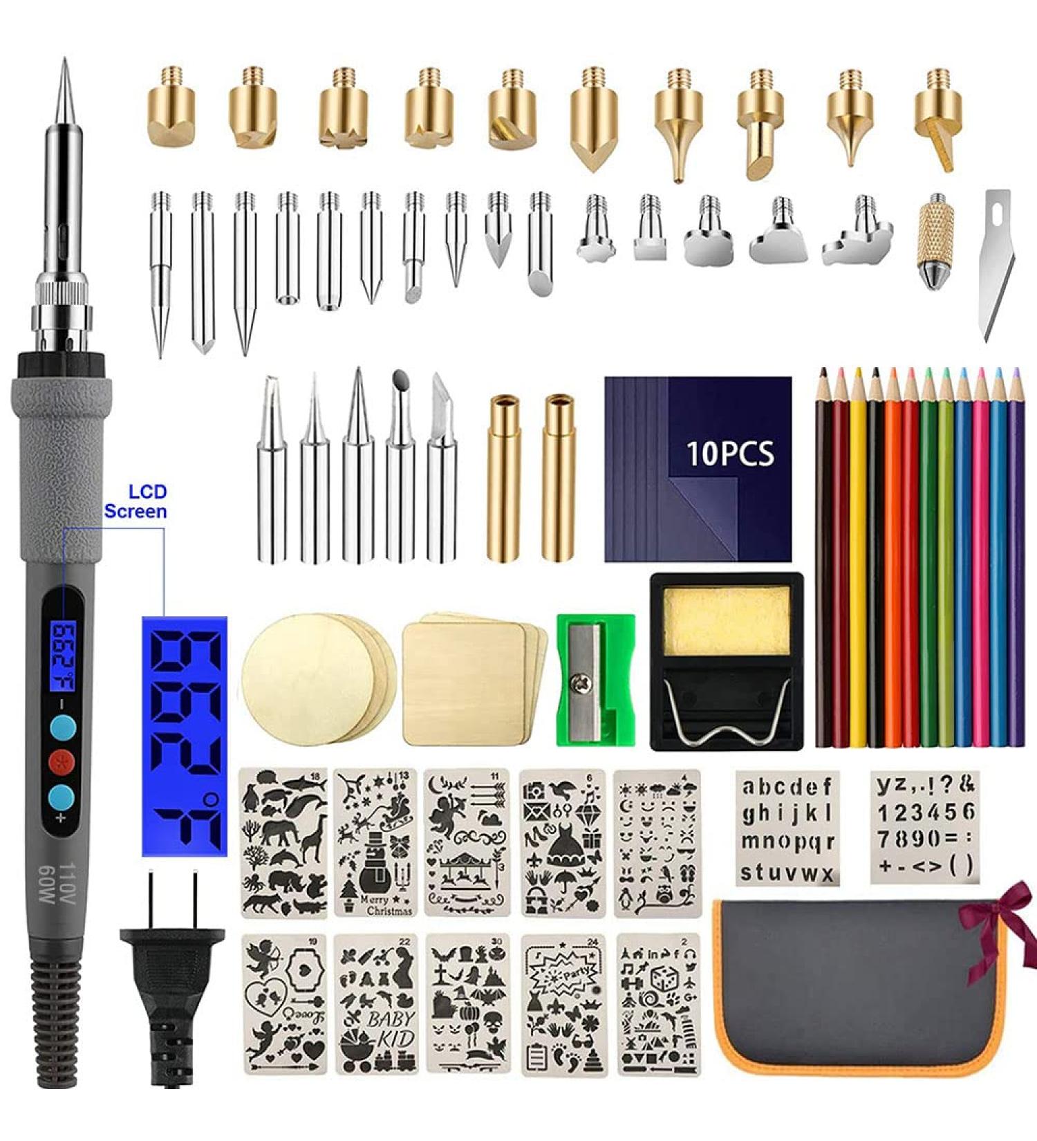 Aipudi Wood Burning Kit - 75Pcs with LCD Display & Adjustable Temperature | Soldering, Embossing, Carving Tips | Gray Carrying Case - Buy Online on SooperMarket.com