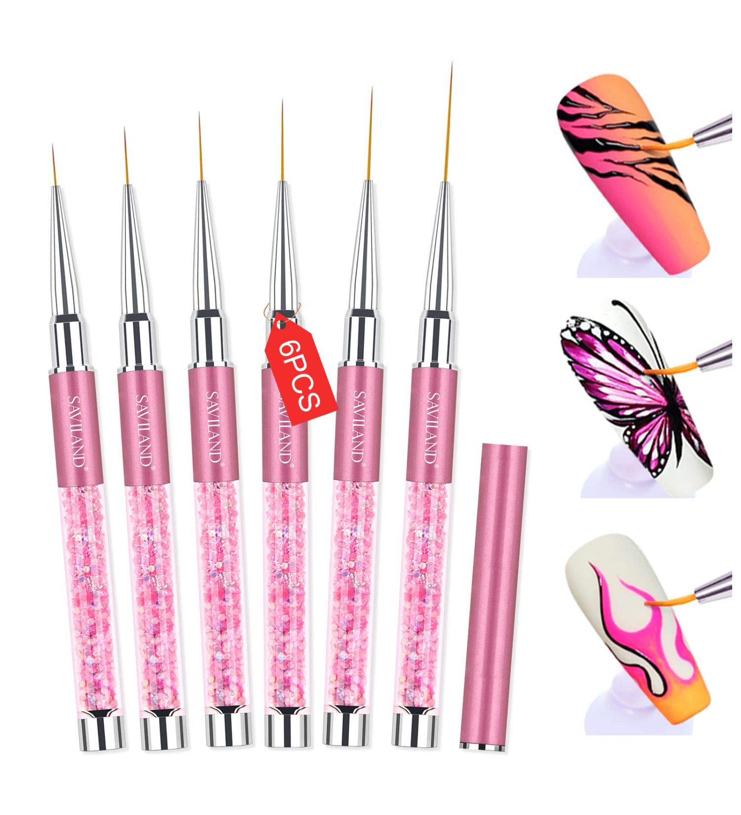 Saviland 6pcs Nail Art Liner Brushes Set with Crushed Diamond Rhinestone Handle - Nail Brush Gel Polish Painting Pen Set for Precise Nail Designs - Sizes 7/9/11/13/17/23mm | Pink - Buy Online on SooperMarket.com