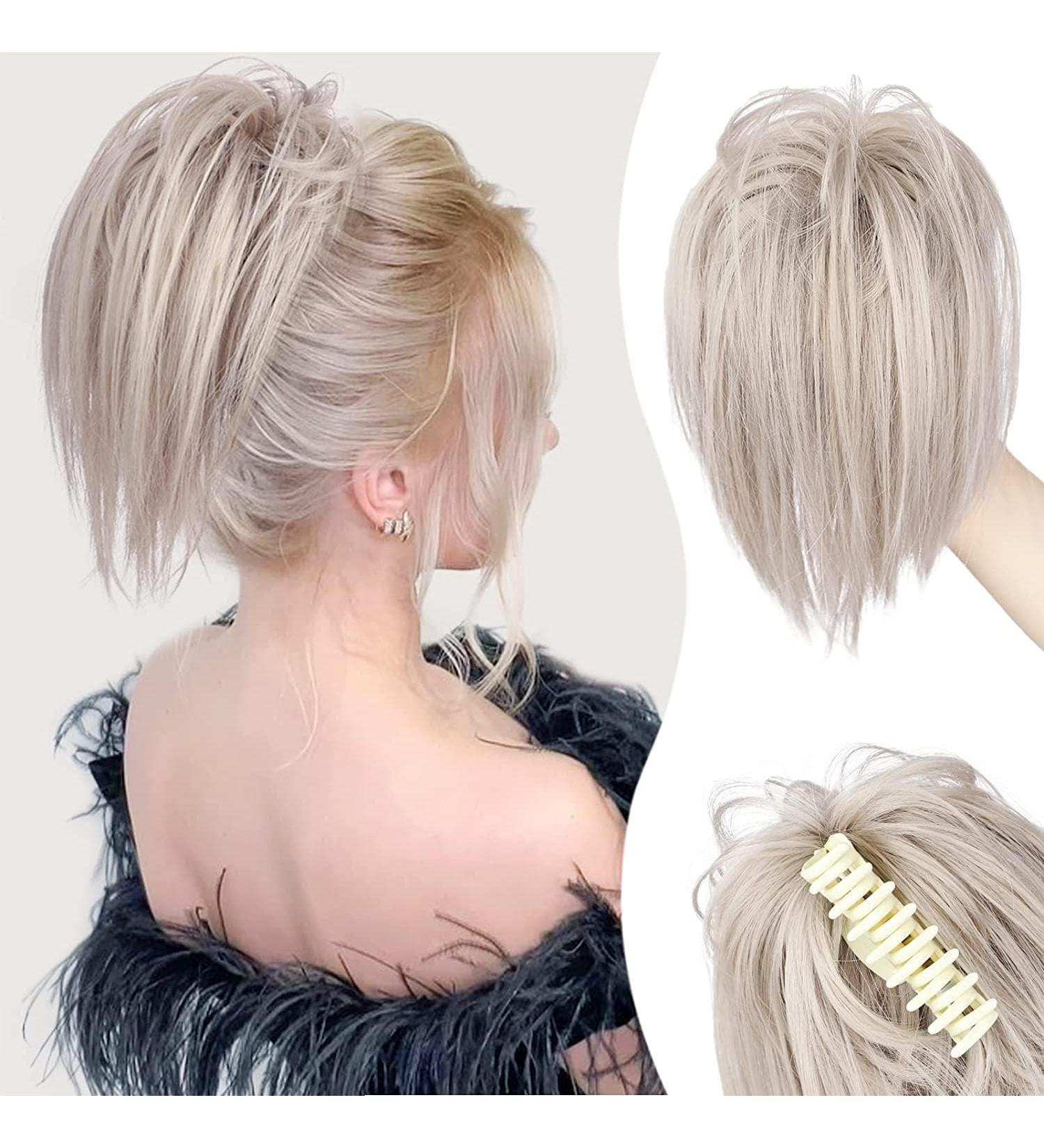 PORSMEER 10 Inch Claw Clip Ponytail Hair Extension in Silver Blonde - Messy Bun Chignon Updo for Women and Girls - Buy Online on SooperMarket.com