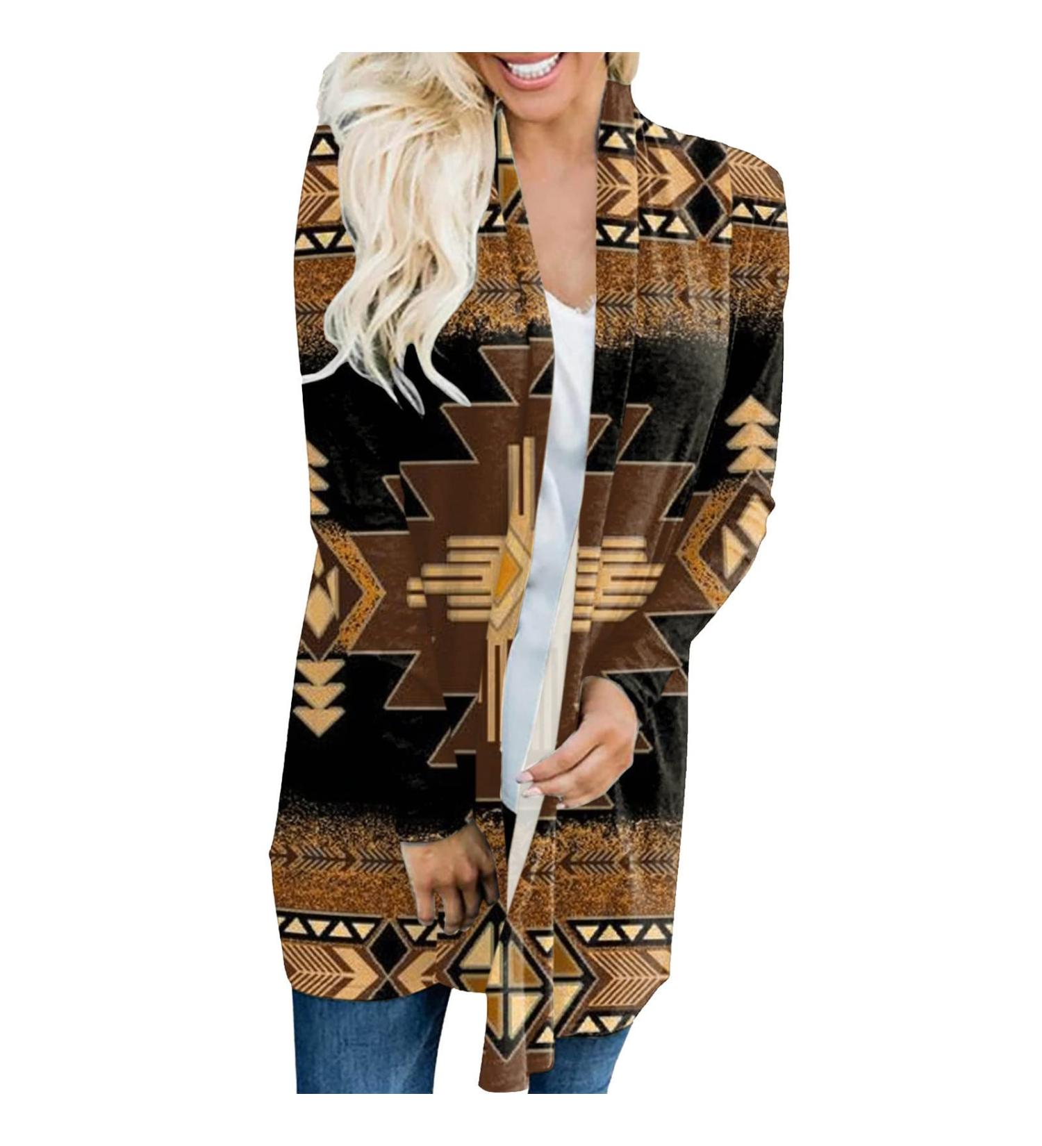 Apfopard Women Aztec Print Long Sleeve Cardigan - X-Large, Brown - Buy Online on SooperMarket.com