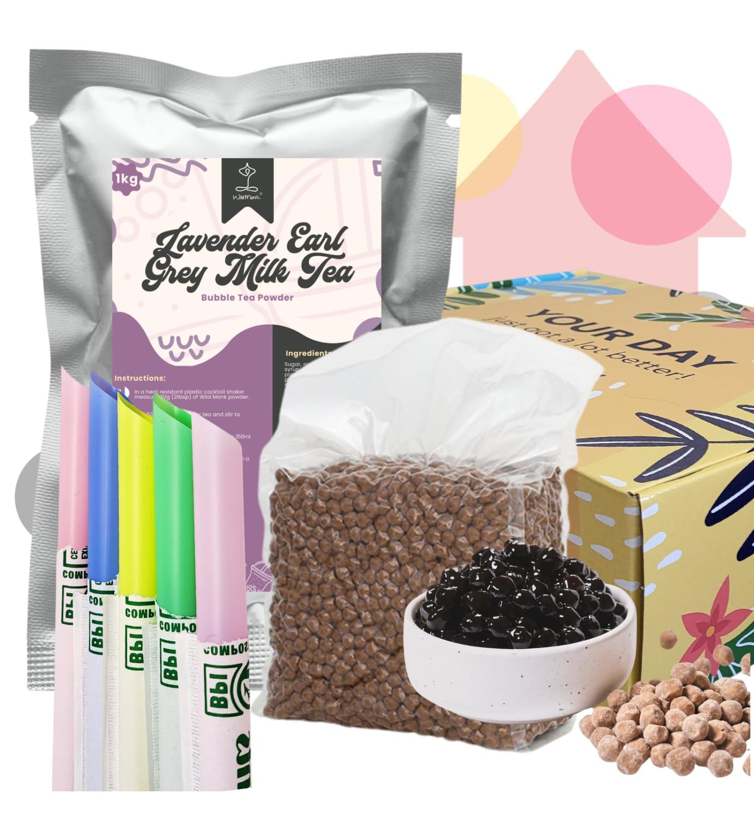 Wild Monk Boba Tea Kit - Bubble Tea Set for Boba Tea at Home - Set Contains Lavender Earl Grey Tea Powder 1kg Tapioca Pearls and Colouful Compostable Straws