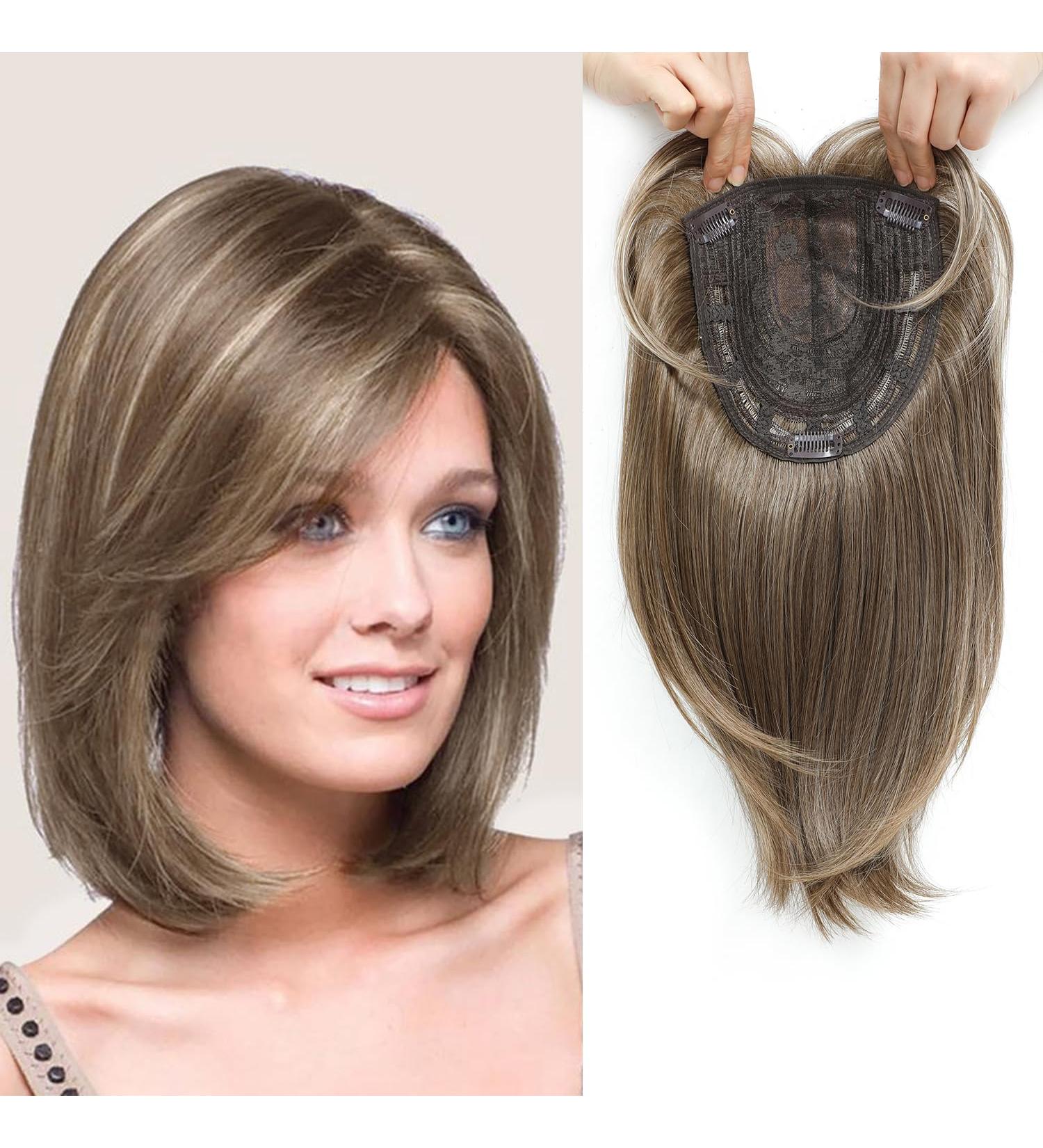 Short Bob Hair Topper for Women | Ash Light Brown with Highlights | Hair Volume Enhancement | 12 Inch Clip-in Wiglet | Fiber Hairpiece for Thinning Hair - Buy Online on SooperMarket.com