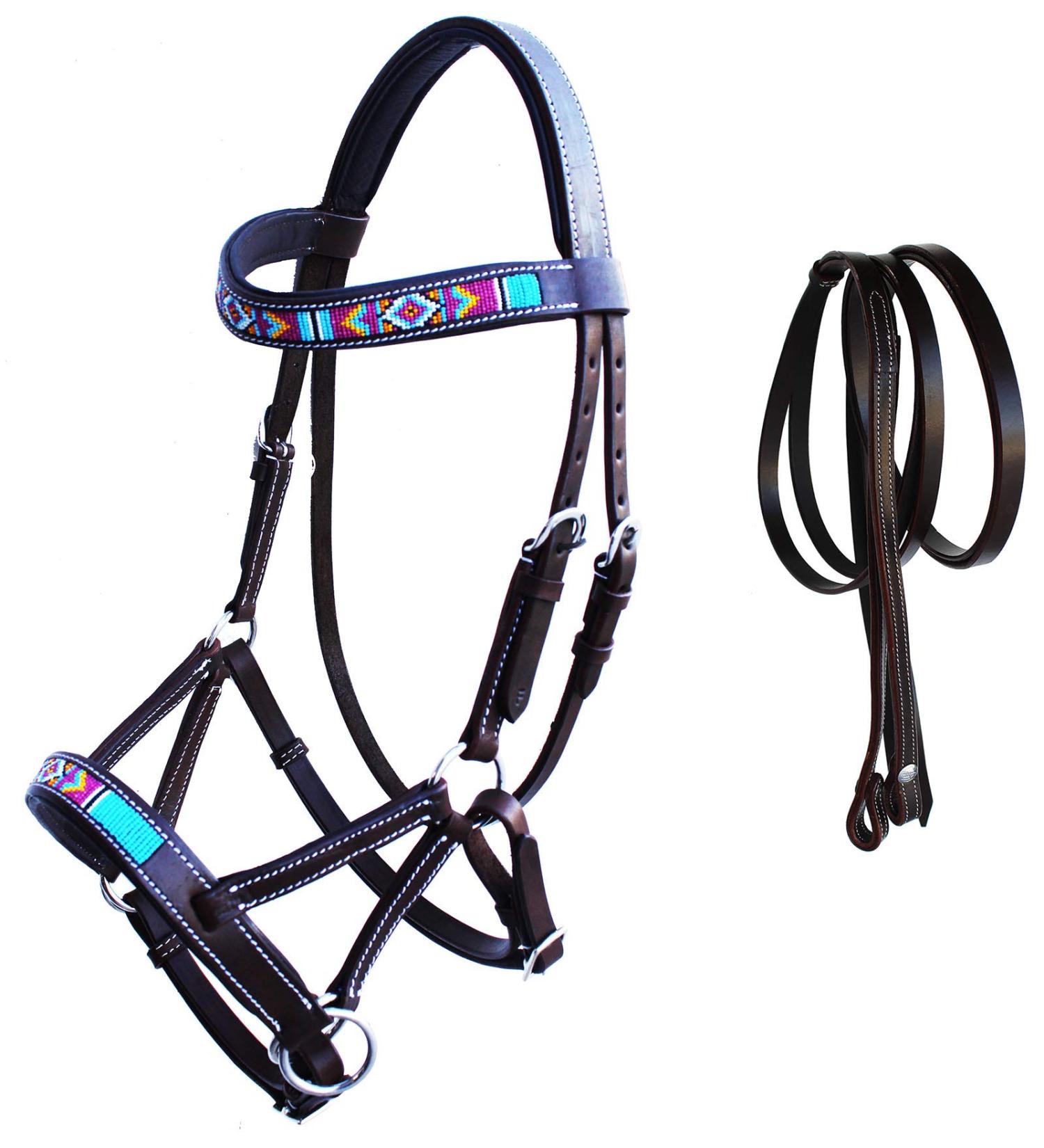 Challenger 77RS15BR Western Bridle Leather Beaded Bitless Brown