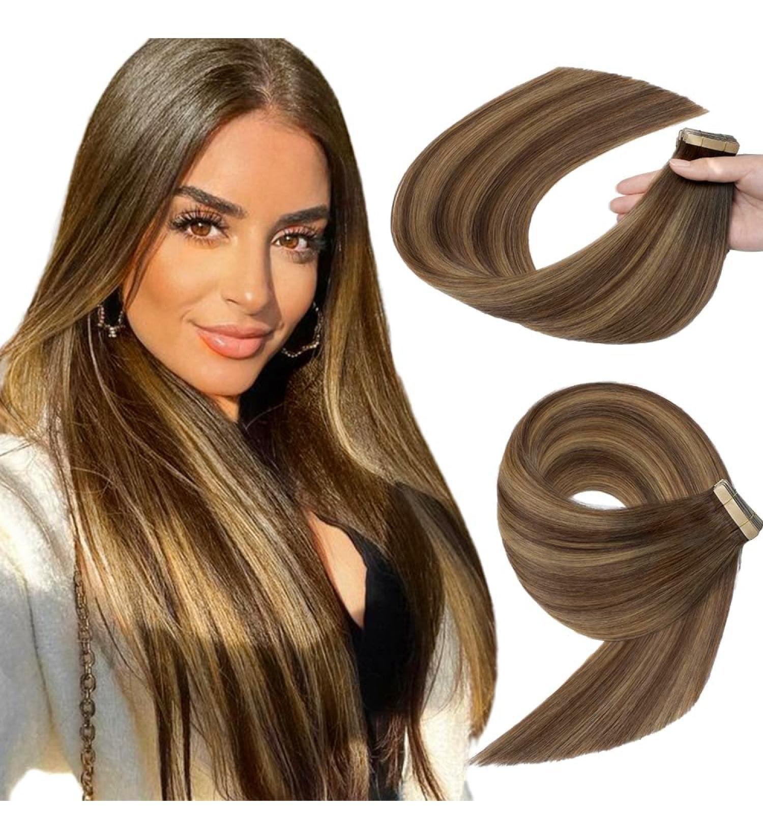 YDDM 20Pcs 50cm Invisible Tape Extensions - Real Hair Chocolate Brown & Caramel Blonde (20 Inch 4/4/27#) - Premium Hair Extensions - Buy Online on SooperMarket.com