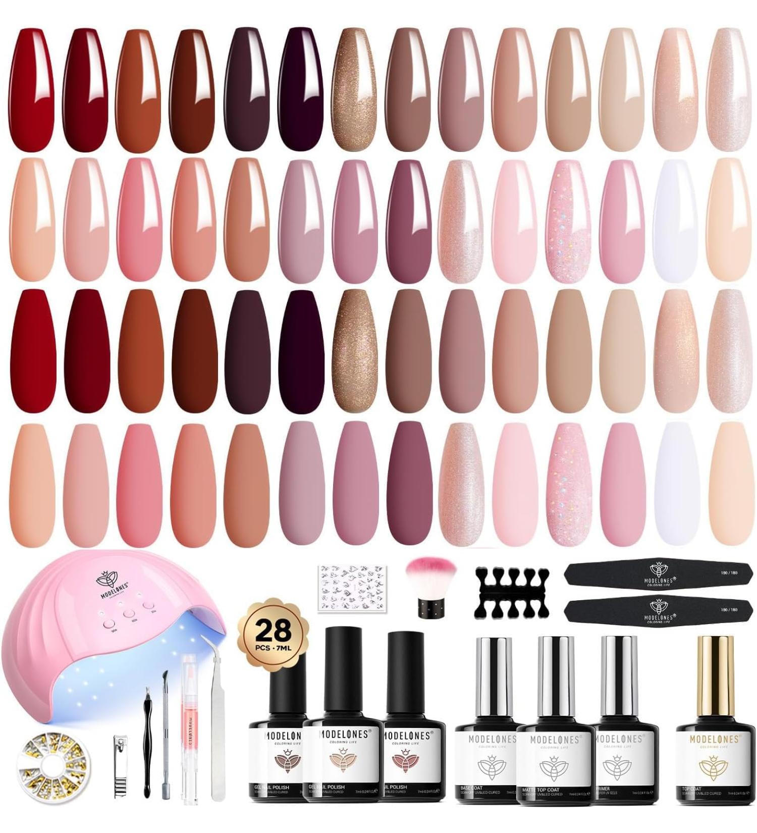 Modelones Gel Nail Kit - 28 Colors Nude Brown Pink Red Soak Off Gel Polish Set with Lamp Starter Kit | No Wipe Base & Top Coat | DIY Nail Curing Gift for Women - Buy Online on SooperMarket.com