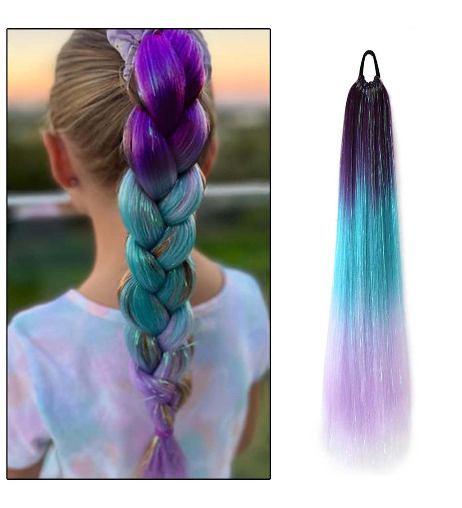Rainbow Ponytail Hair Extensions 27.5 Inch 100g Coloured Hair Extensions for Braiding Coloured Glitter Straight Synthetic Hair Extensions for Women Girls Hair Accessories (Purple Blue Purple) - Buy Online on SooperMarket.com