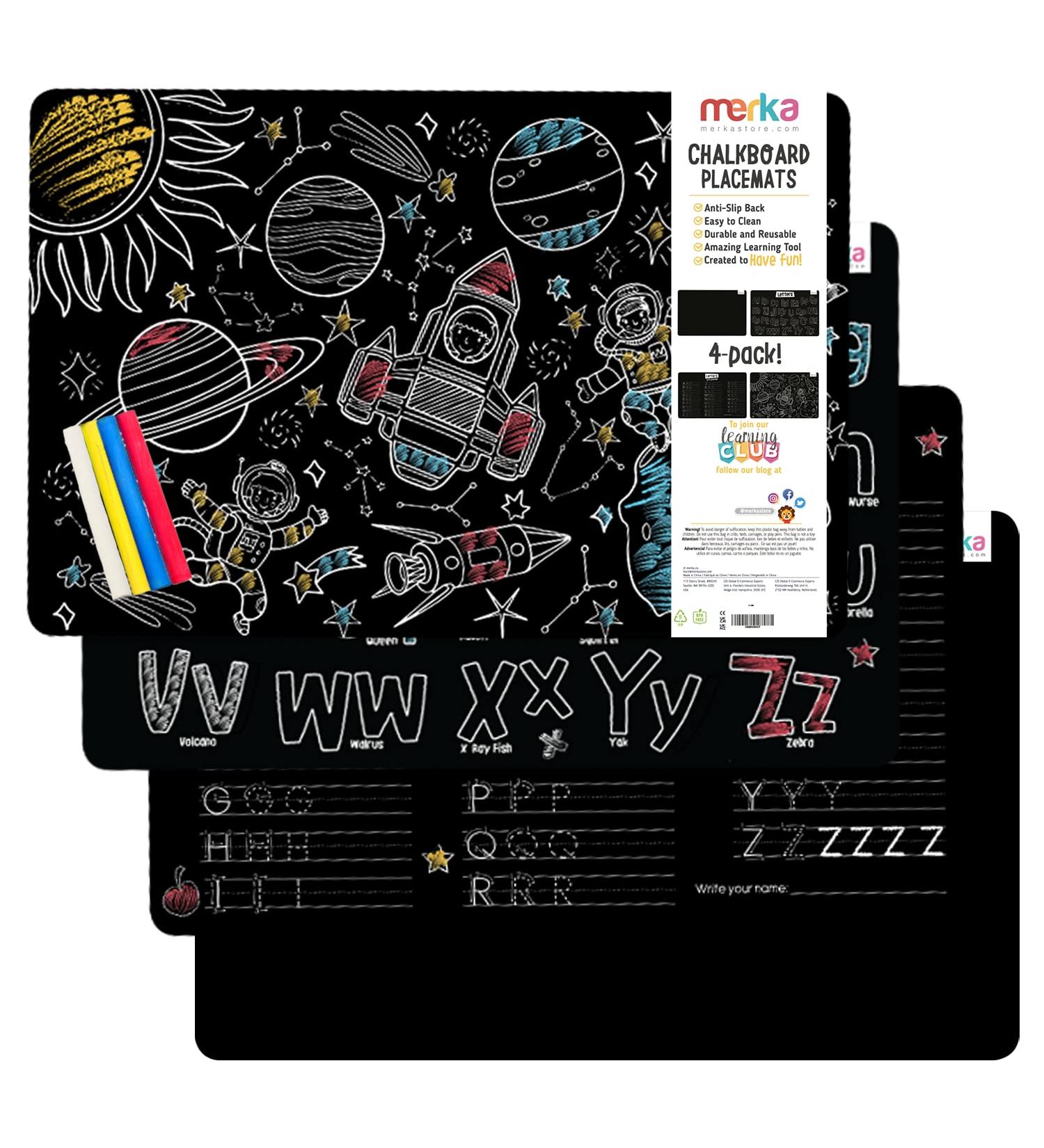 Merka Kids Coloring Placemats Set - 4 Reusable Mats with Chalks, Space & Alphabet Design - Buy Online on SooperMarket.com