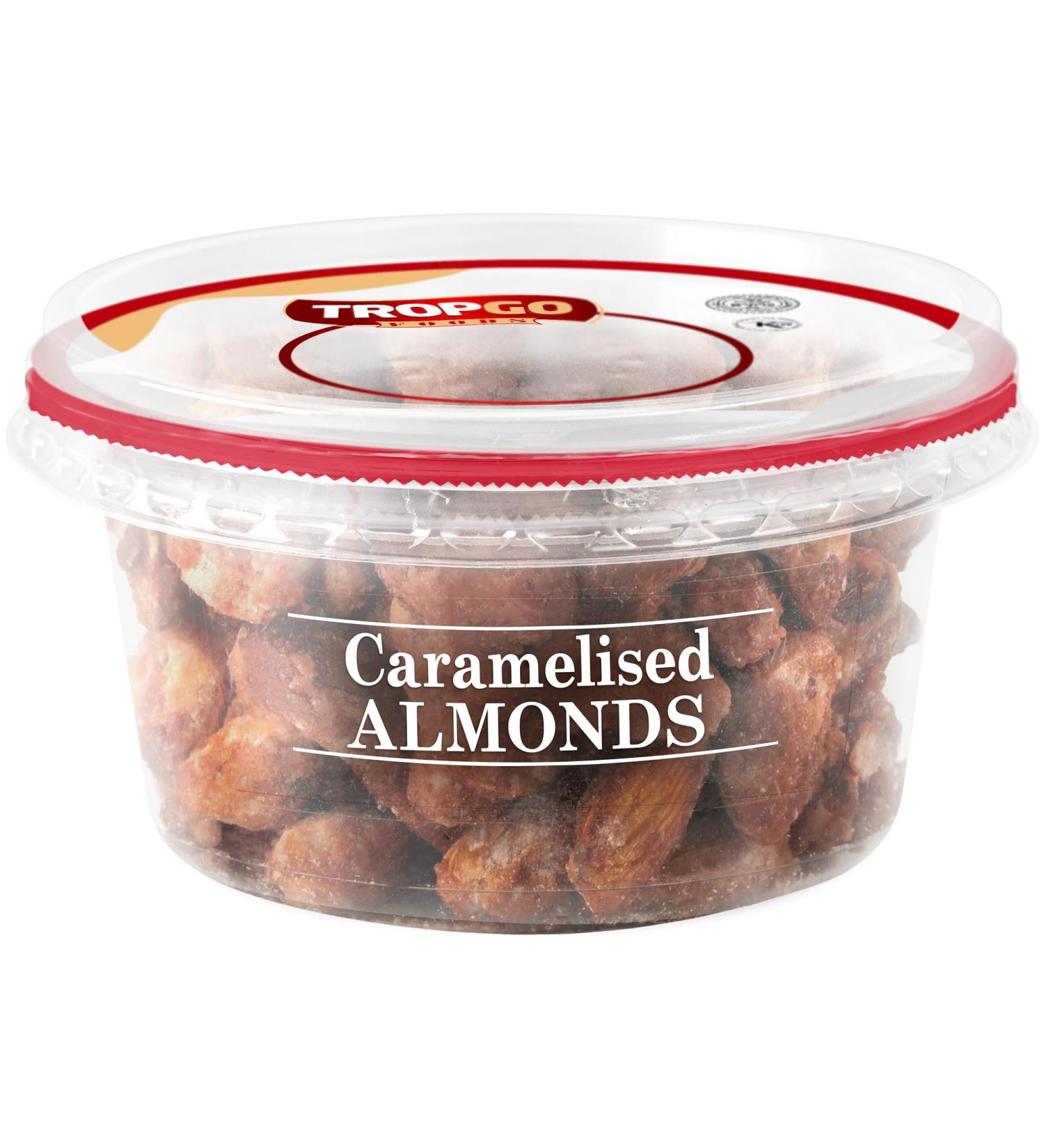 Tropgo Caramelised Almonds 180g - Sweet Nuts in a Resealable and Recyclable Nut Tub - Wholesome Trail Mix with Fibre Protein and Essential Minerals - Healthy Nuts for All Ages - Buy Online on SooperMarket.com