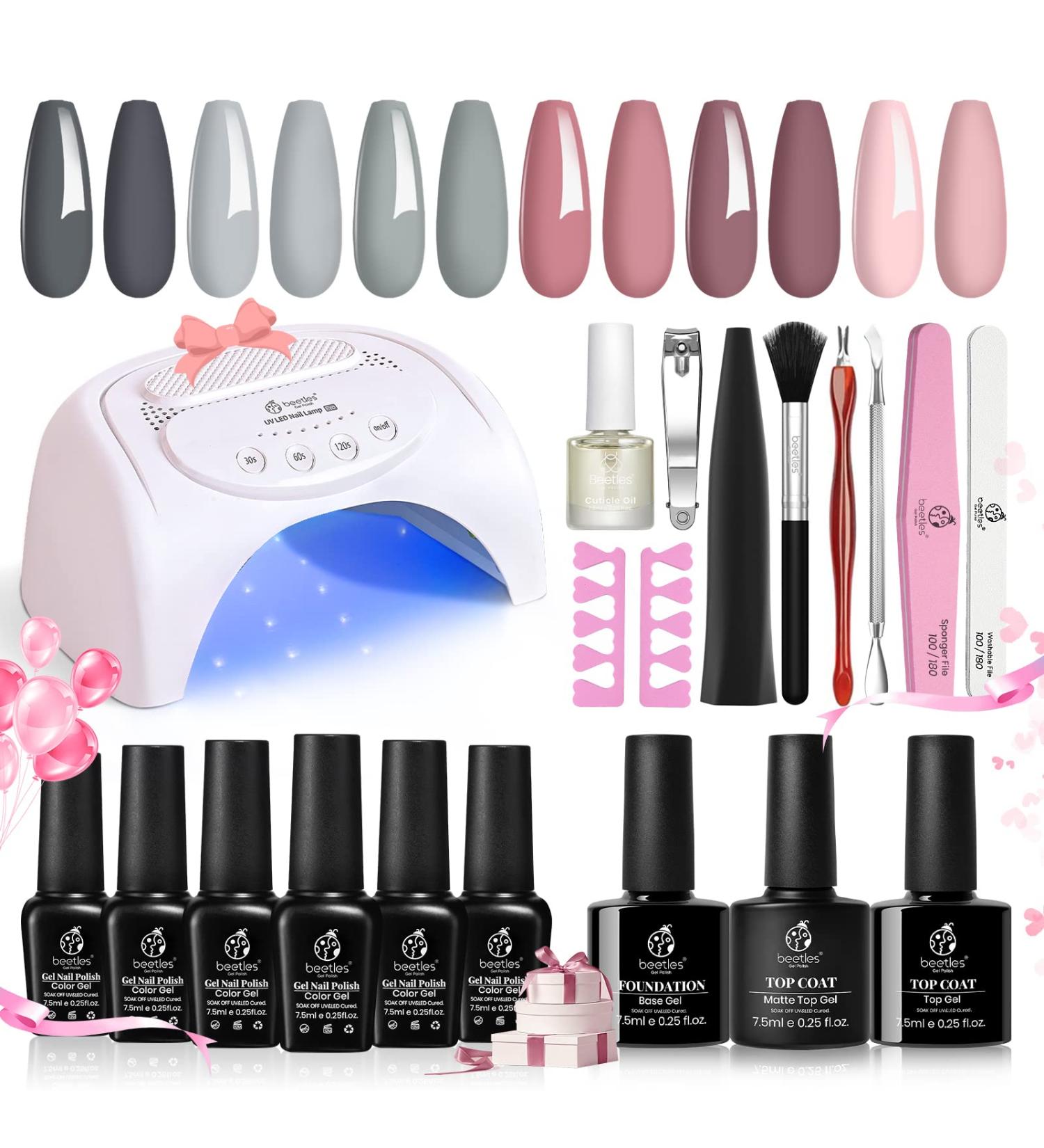 Beetles Gel Nail Polish Starter Kit - 6 Colors Gray Nude Pink Set with 48W Nail Lamp - Base Top Coat Included - Christmas Nail Art DIY Manicure - Buy Online on SooperMarket.com