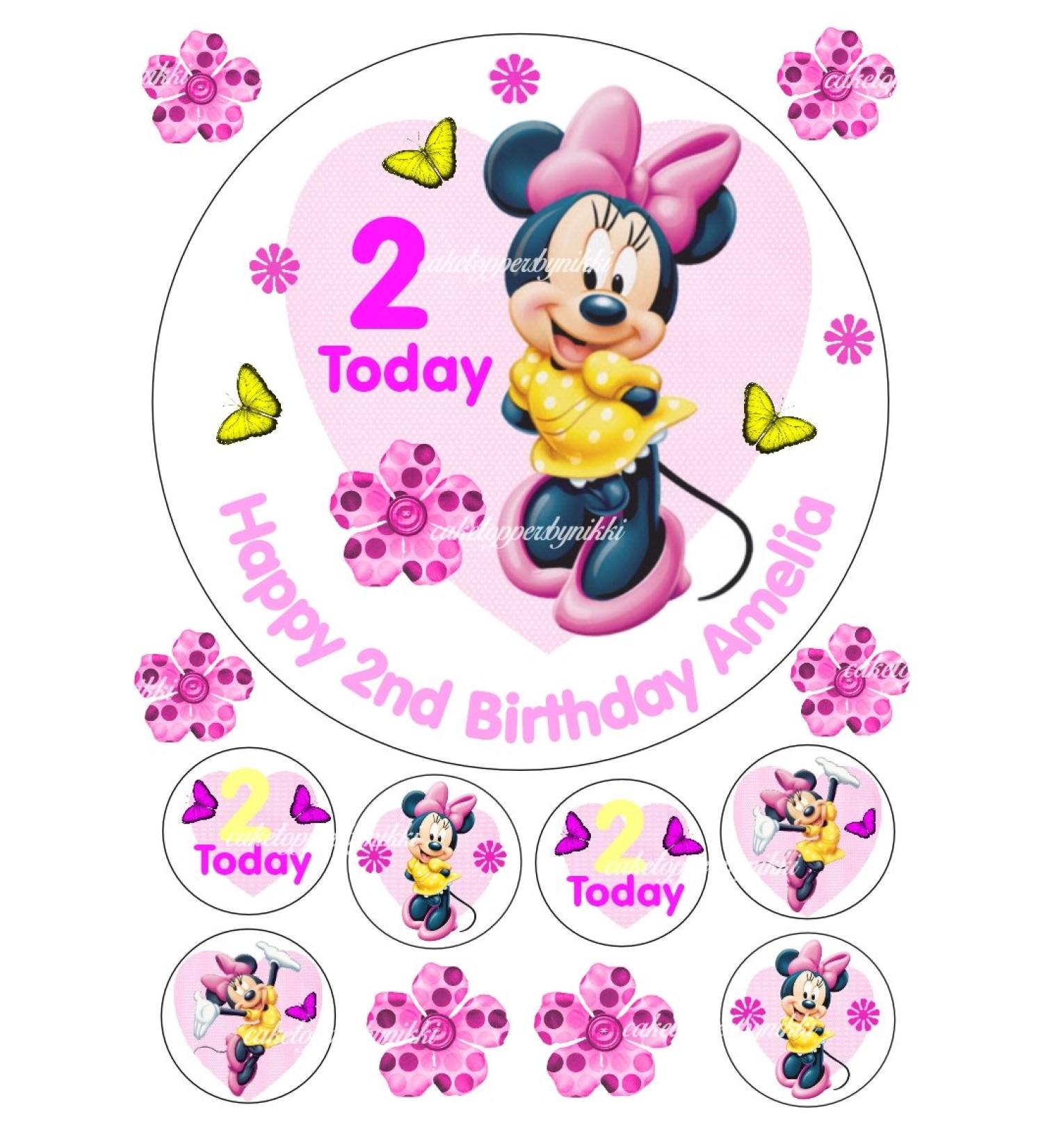 Edible Disney Minnie Mouse 7.5" Icing Personalised Cake Topper & 6 Cupcake Toppers Uncut