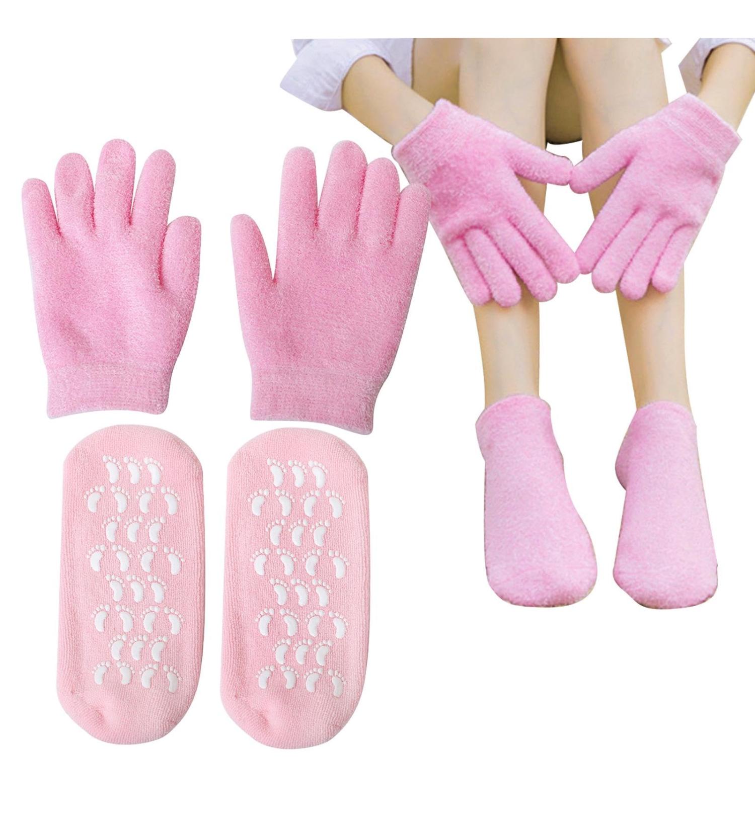 Moisturizing Gel Socks & Gloves Set for Softening Cracked Feet - Reusable Foot Care Spa Treatment (Pink) | International Shipping Available - Buy Online on SooperMarket.com