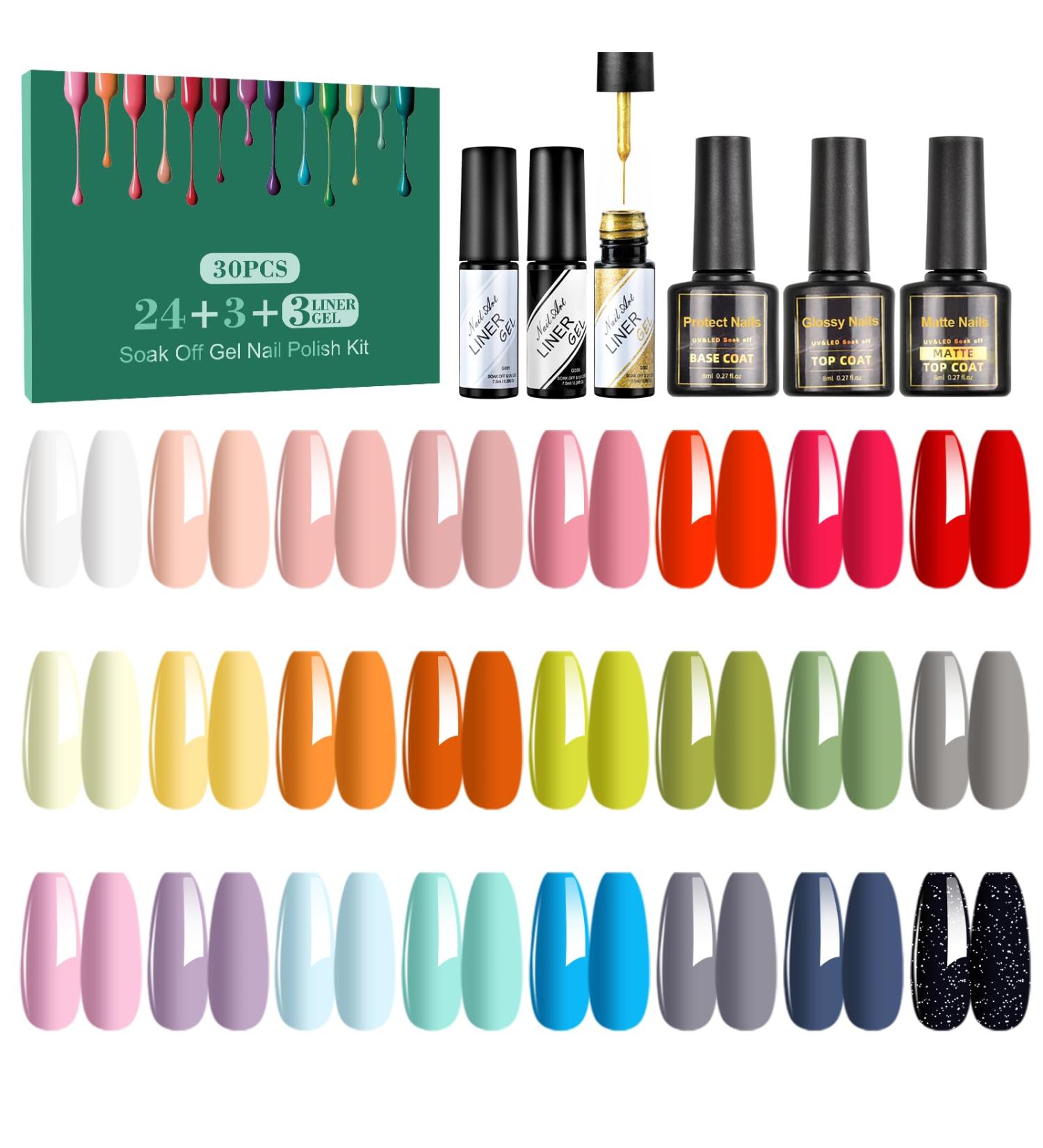 ERARROW 30 Pcs Gel Nail Polish Set Nail Polish 24 Colors Popular Nail Art Colors UV LED Soak Off Nail Gel Kit with Glossy & Matte Top Coat Base Coat and Painted Gel - Buy Online on SooperMarket.com