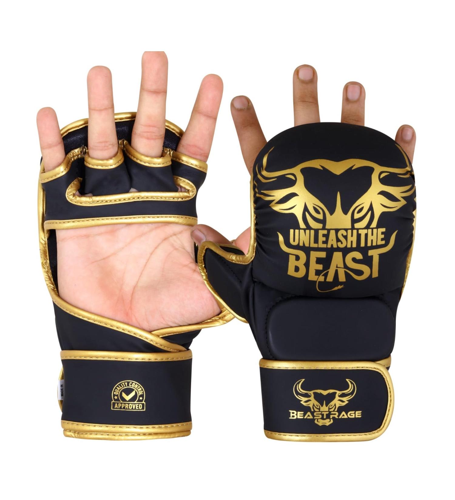 Beast Rage MMA Gloves for Men & Women - Adjustable Wrist Support Open Palm for Martial Arts Grappling and Sparring | S/M Gold - Buy Online on SooperMarket.com