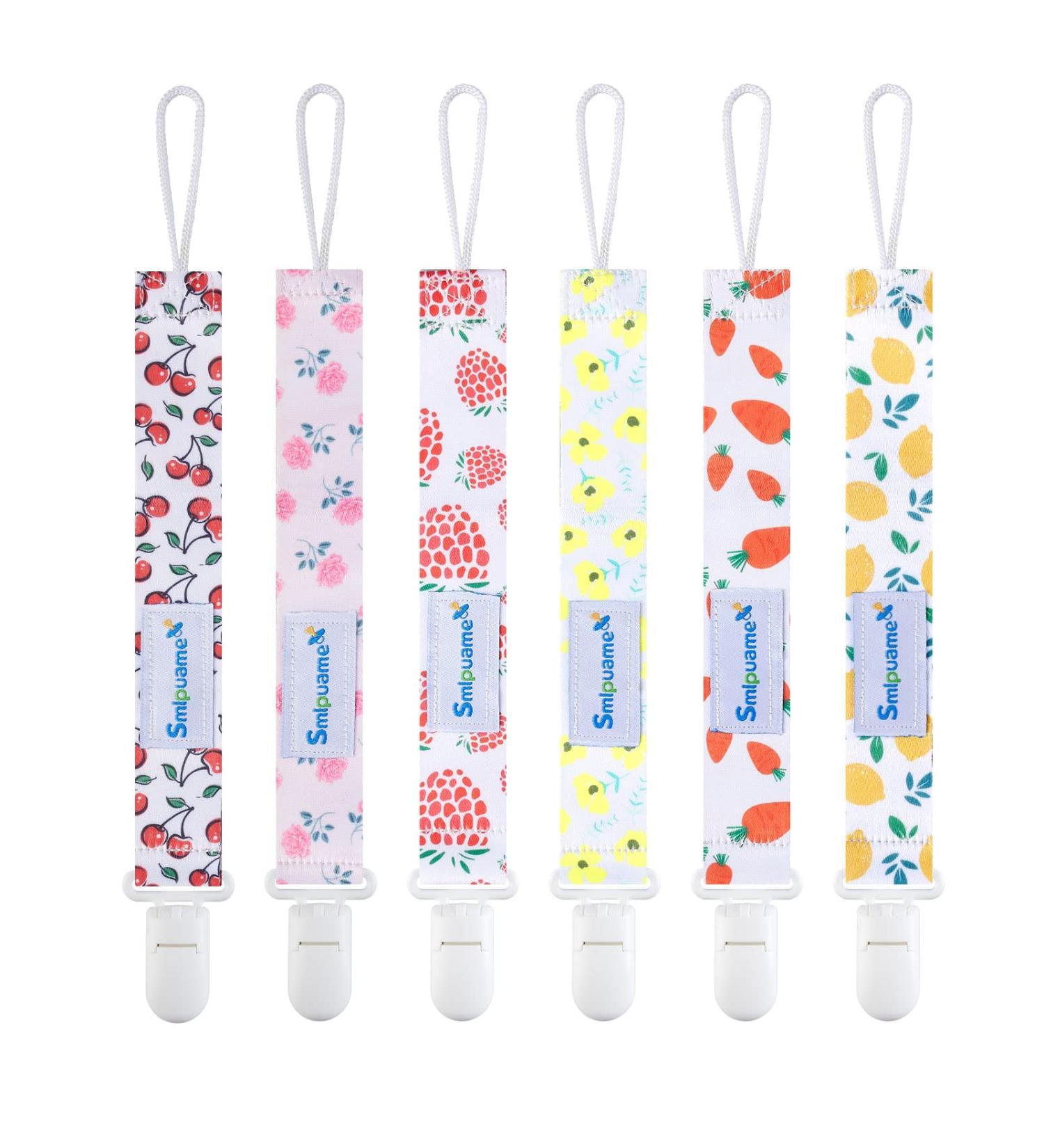 Smlpuame Baby Pacifier Chain Set - 6 BPA-Free Fabric Clips for Girls | Fits Most Pacifiers & Bite Toys | Ideal Baby Shower Gift (Fruit & Flower) - Buy Online on SooperMarket.com