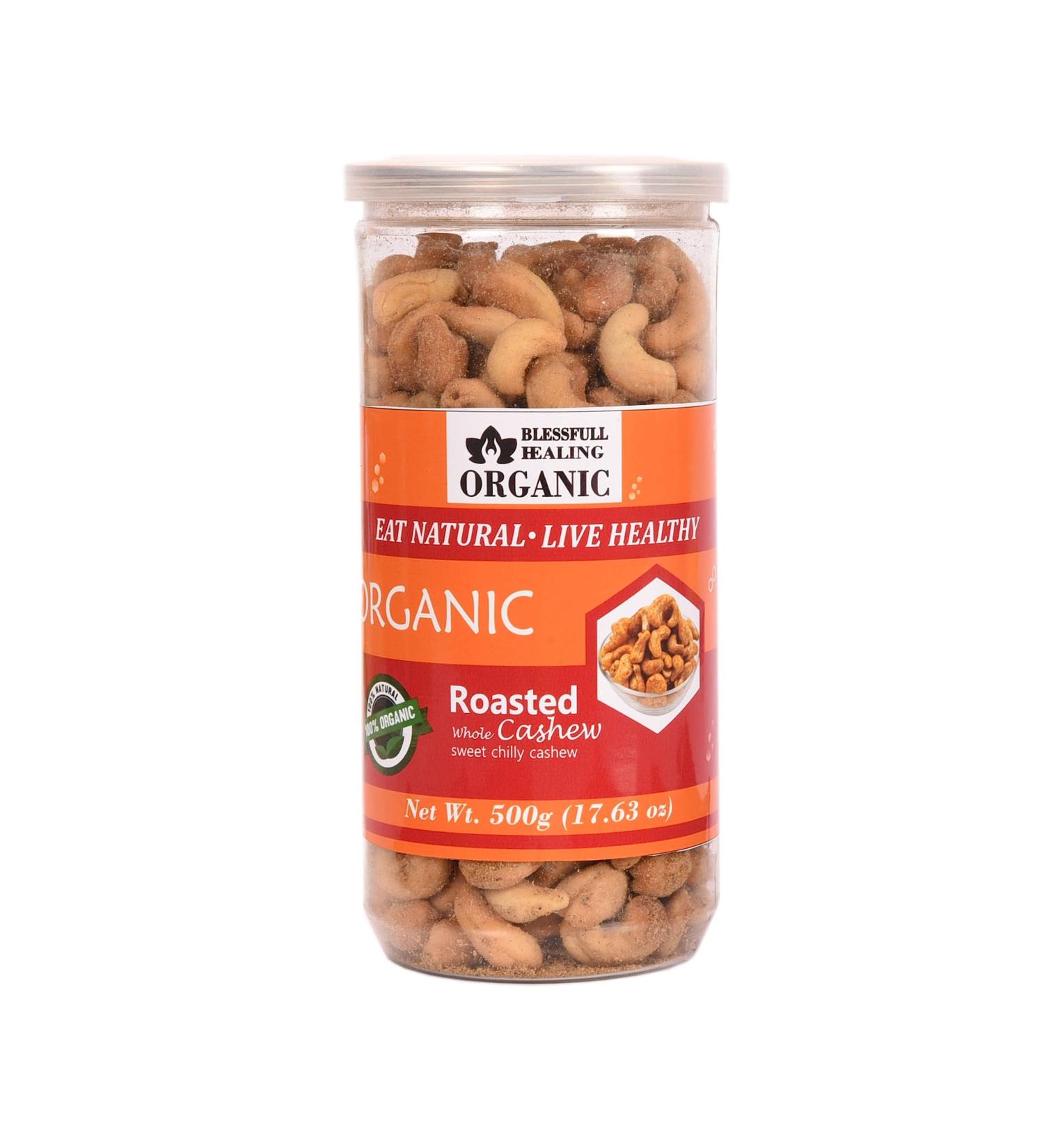 Blessfull Healing Organic Natural Vegan Sweet Chilly Roasted Whole Cashew Nuts Crunchy Kaju 500 Gram - Buy Online on SooperMarket.com