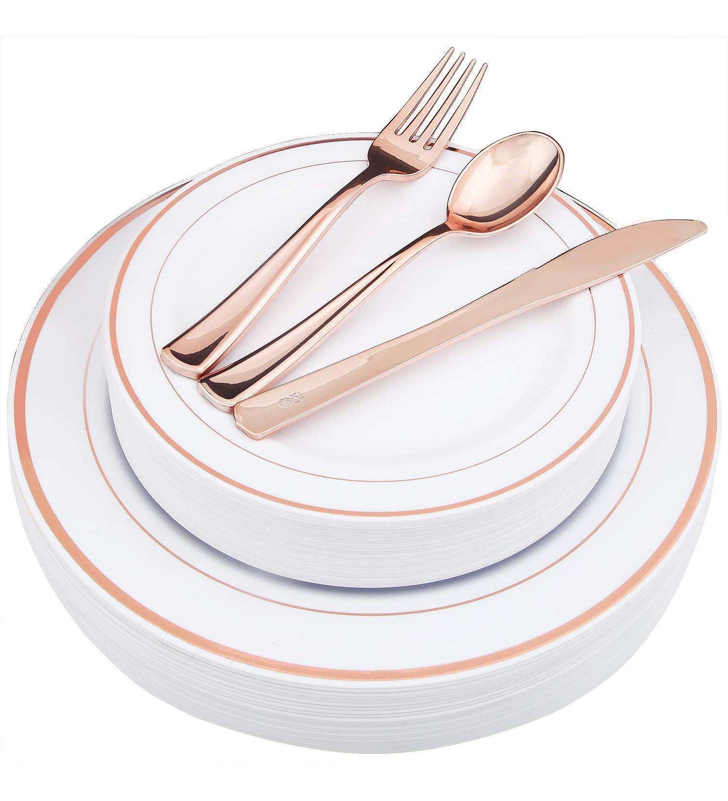 WDF 125PCS Rose Gold Plastic Silverware & Disposable Plates Set - Ideal for Wedding, Party, Christmas - Includes 25 Dinner Plates, 25 Salad Plates, 25 Forks, 25 Knives, 25 Spoons - Buy Online on SooperMarket.com