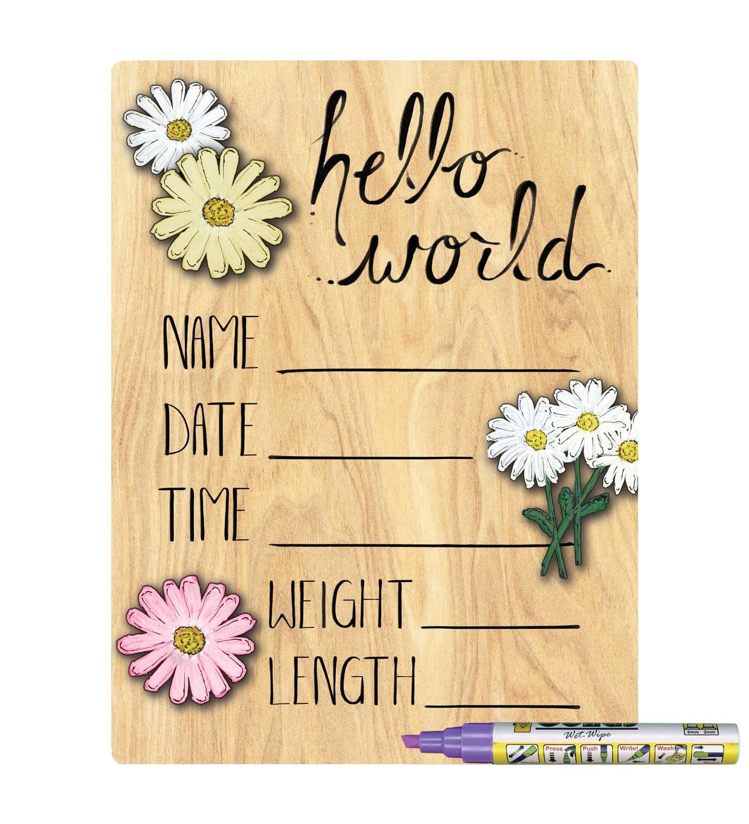 Cohas Hello World Newborn Baby Announcement Wood Sign - Daisy Flower Theme | 9x12 Inches | Purple Marker - Buy Online on SooperMarket.com