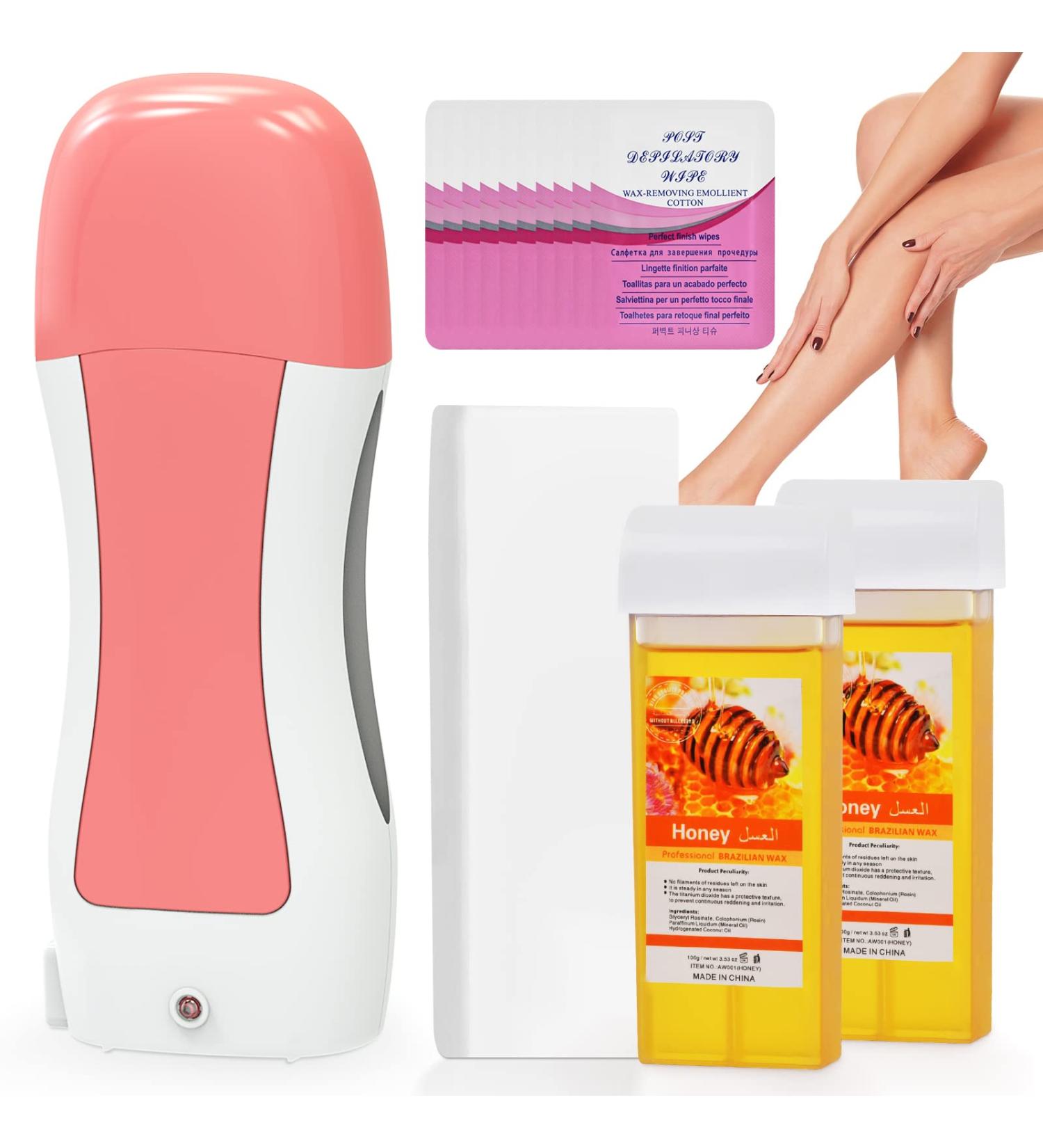 Honey Wax Roller Hair Removal Kit for Sensitive Skin | Soft Wax Warmer with 2 Cartridges, 10 Wipes, 100 Wax Strips - Pink - Buy Online on SooperMarket.com