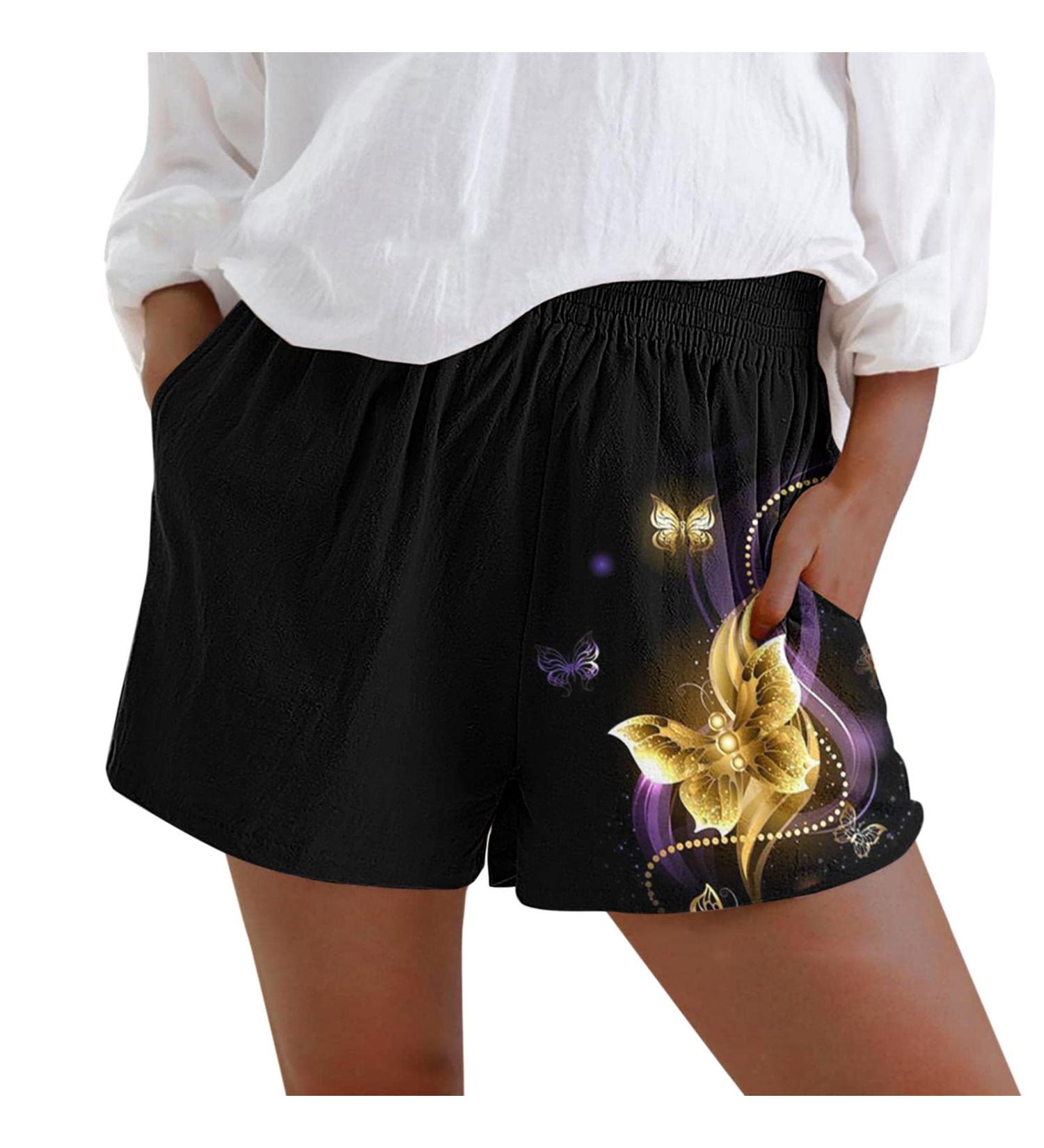 Gufesf Women's Linen Summer Shorts - Lightweight & Comfy Elastic High Waist Casual Shorts with Pockets | W1 Gold - Medium - Buy Online on SooperMarket.com