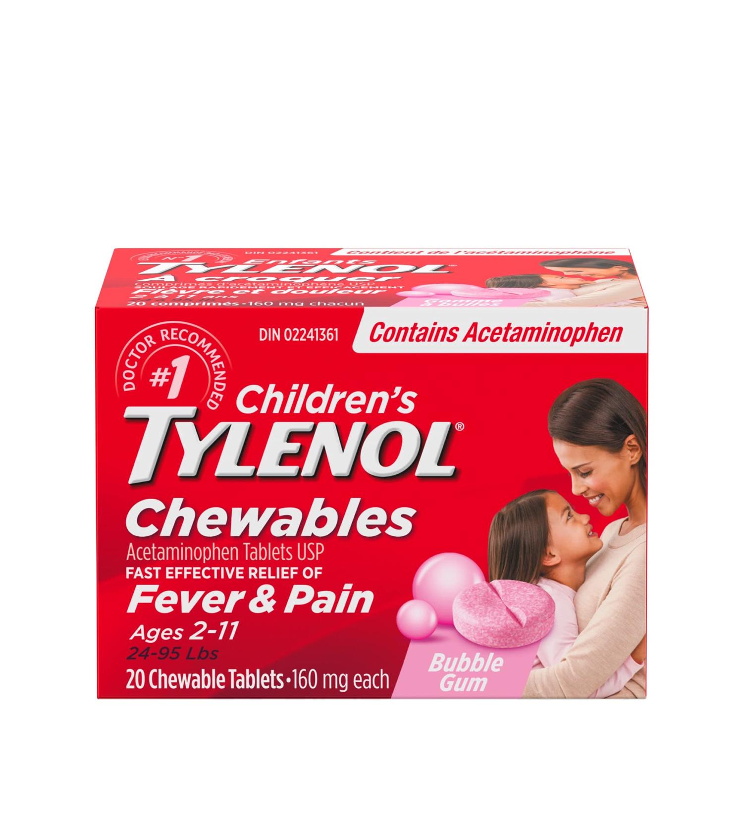Tylenol Children's Chewables Fever and Pain Relief Bubble Gum Flavour 160 mg Acetaminophen 20 Tablets Toothache Pain Relief 20 Count (Pack of 1) Bubble Gum - Buy Online on SooperMarket.com