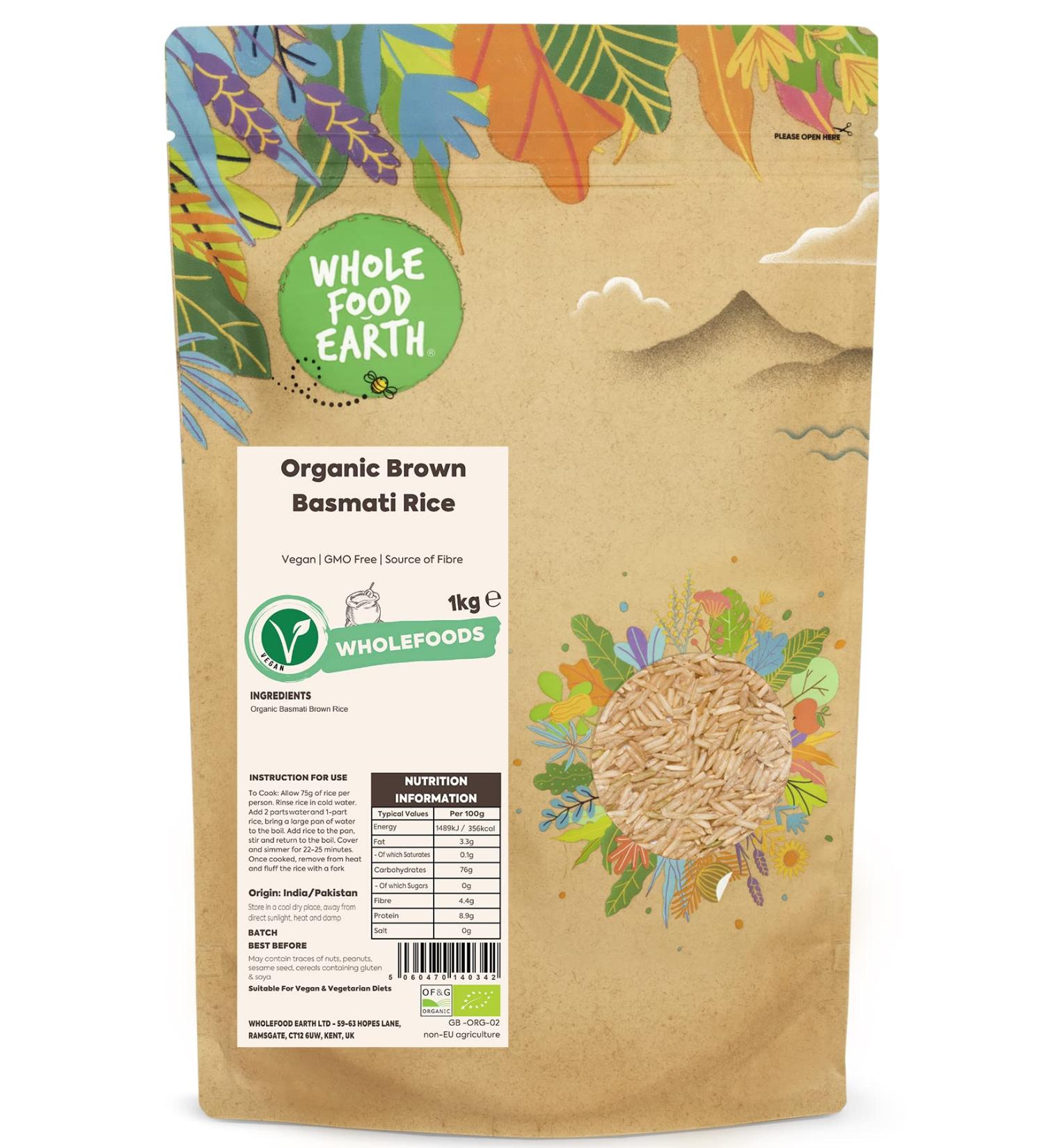 Wholefood Earth Organic Brown Basmati Rice 1kg - Vegan, GMO Free, Source of Fibre - Certified Organic - Buy Online on SooperMarket.com