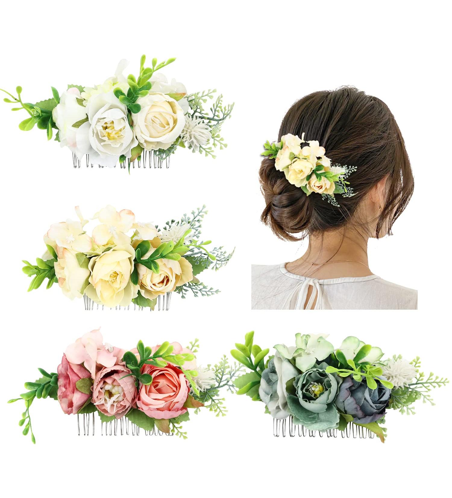 4 Pack Artificial Rose Flower Metal Silver Hair Combs - Wedding Hair Clips & Barrettes for Women - Buy Online on SooperMarket.com