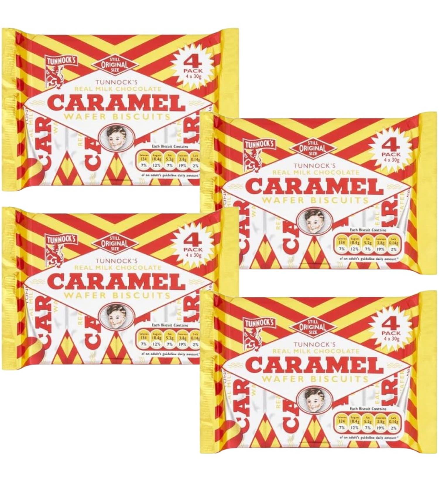 Caramel Wafer Bundle With Tunnocks Real Milk Chocolate Caramel Wafer Biscuits 4x30g Packs (4 Pack)