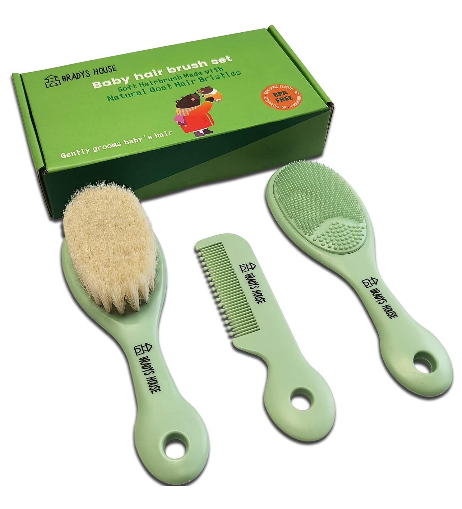BRADYS HOUSE 3 Piece Baby Hair Brush & Comb Set - Soft Goat Bristle Hair-Brush, Silicone Bath Brush, Plastic Comb for Newborns, Infants, Toddlers & Kids - Buy Online on SooperMarket.com