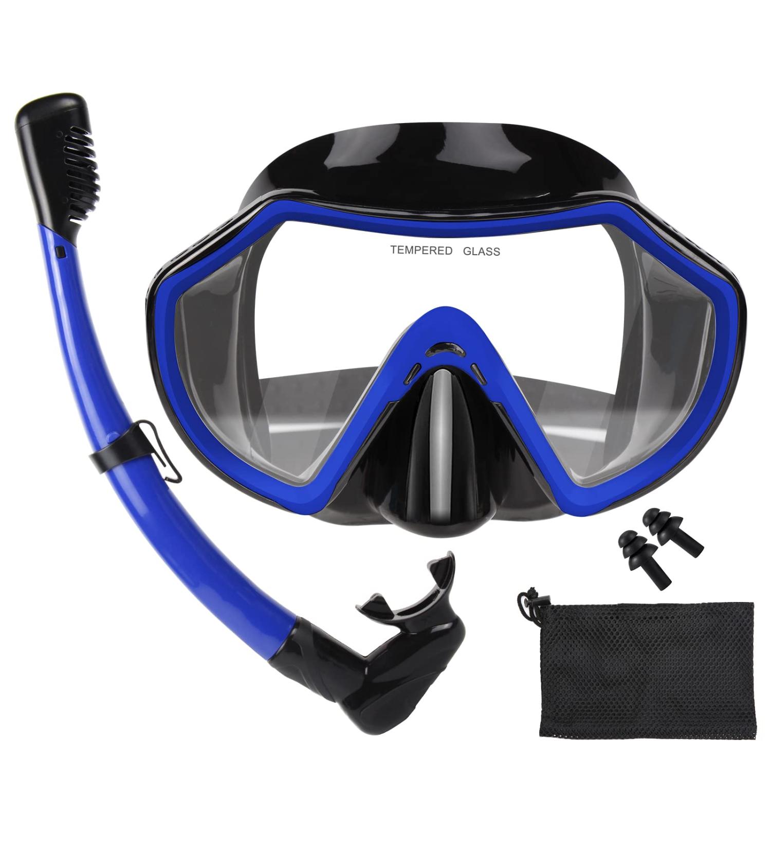 Piyazi Adult Snorkeling Gear Set | 180 Panoramic Mask | Dry Top Snorkel | Anti-Fog | Wide View | Scuba Diving Package with Travel Bag | Blue - Buy Online on SooperMarket.com
