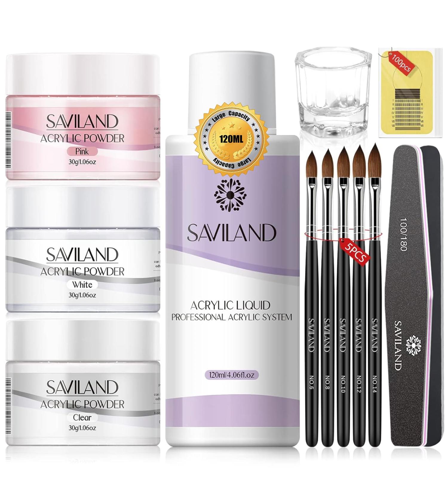 Saviland Acrylic Nail Kit - 30g Clear Pink & White Powder 120ml Liquid Set for Beginners | DIY Nail Art Extension - Buy Online on SooperMarket.com