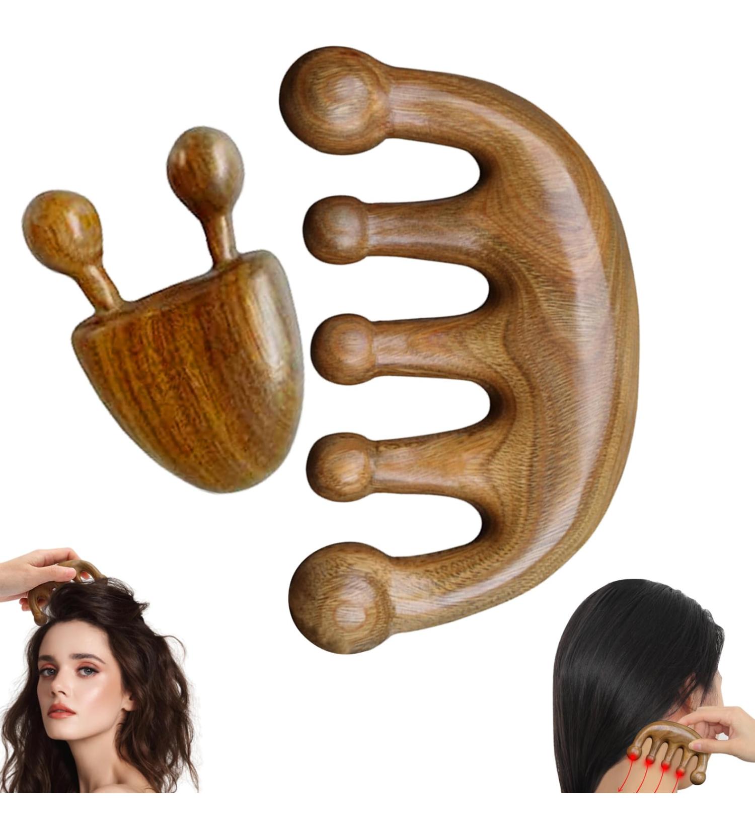 Scalp Massage Tool - Natural Lymphatic Drainage | 2PC Round Tooth Sandalwood Multi-Functional Handheld Head Skin Massager - Buy Online on SooperMarket.com